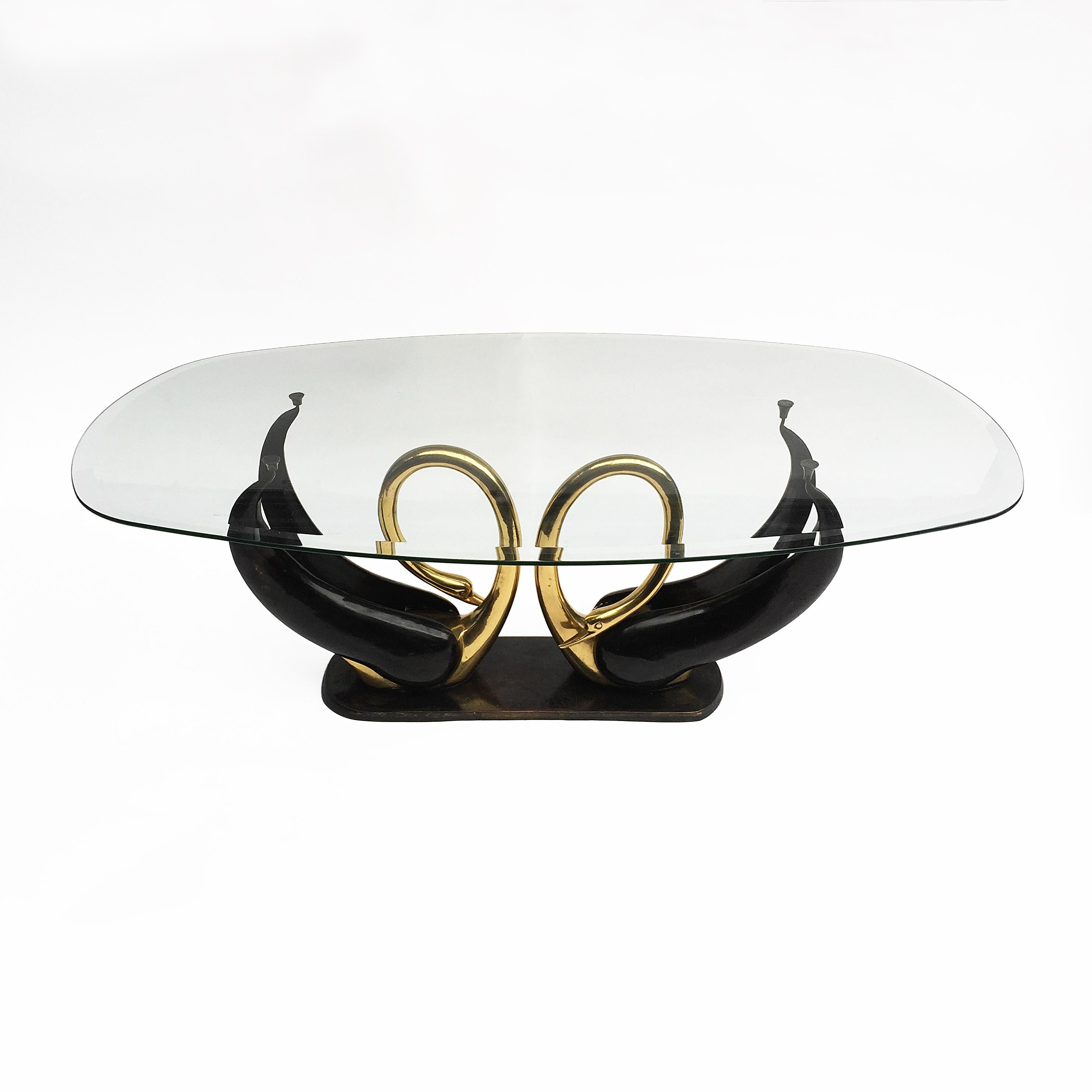 French Maison Jansen Brass Love Swans Coffee Table with Beveled Oval Glass Top, 1970s For Sale