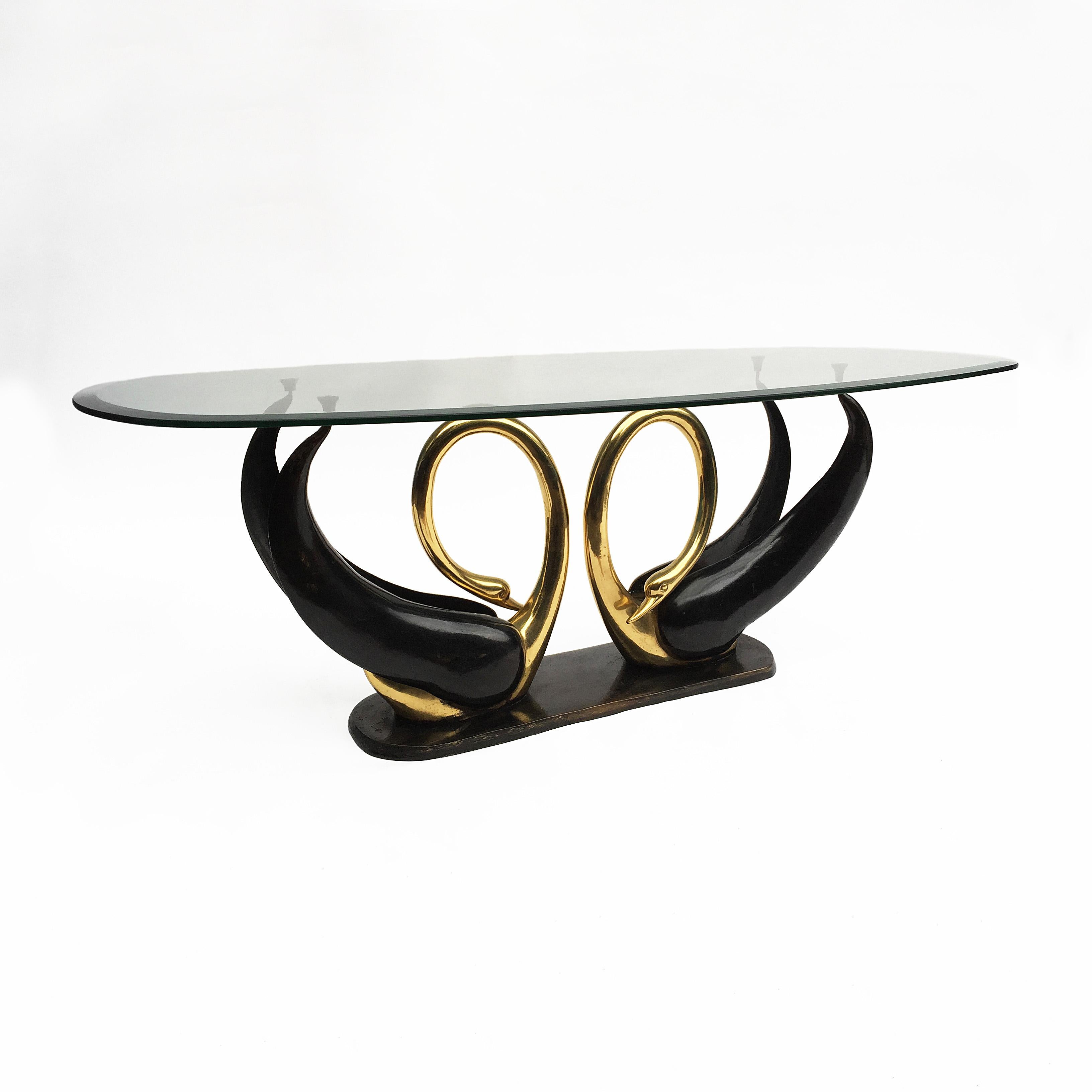 Patinated Maison Jansen Brass Love Swans Coffee Table with Beveled Oval Glass Top, 1970s For Sale