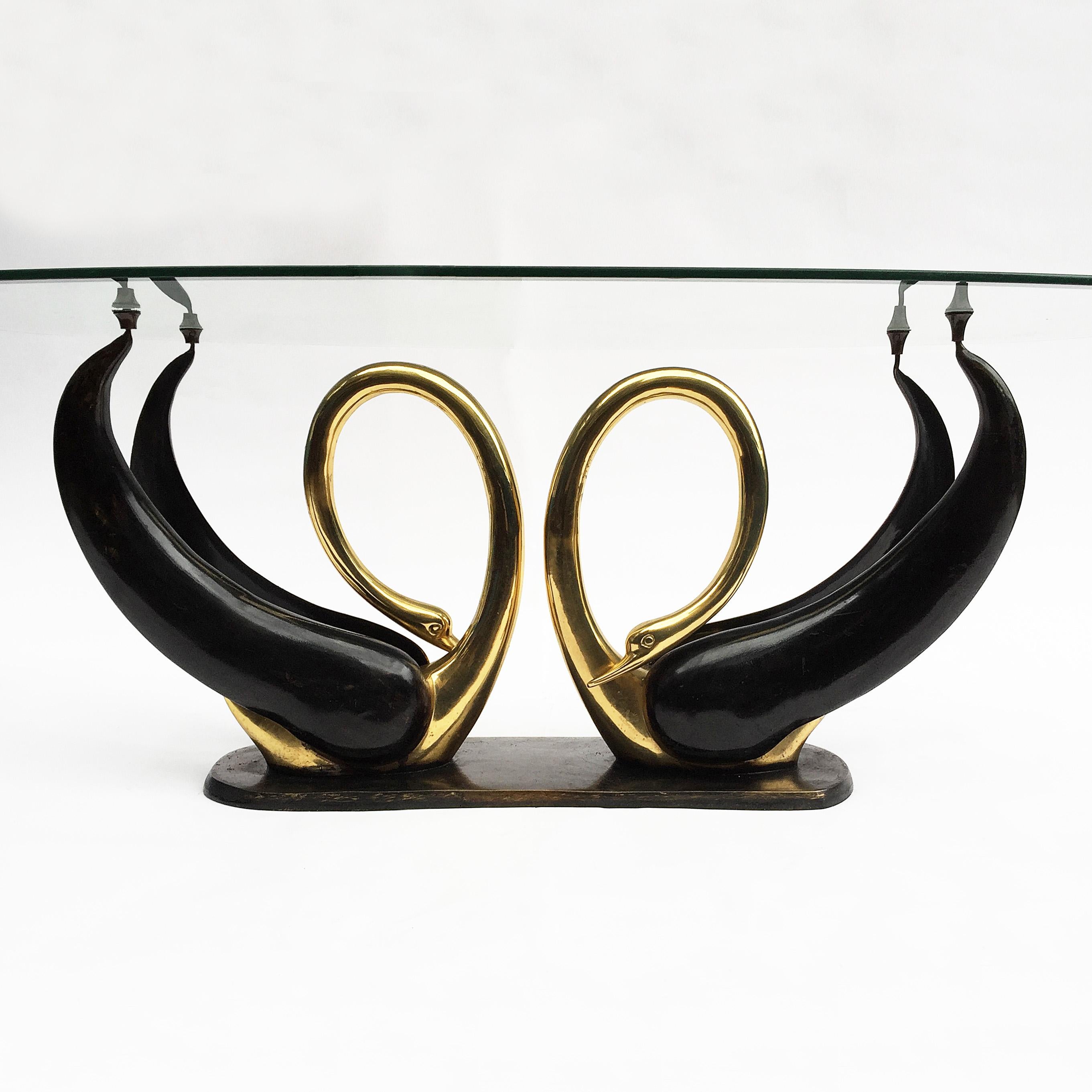 Late 20th Century Maison Jansen Brass Love Swans Coffee Table with Beveled Oval Glass Top, 1970s For Sale