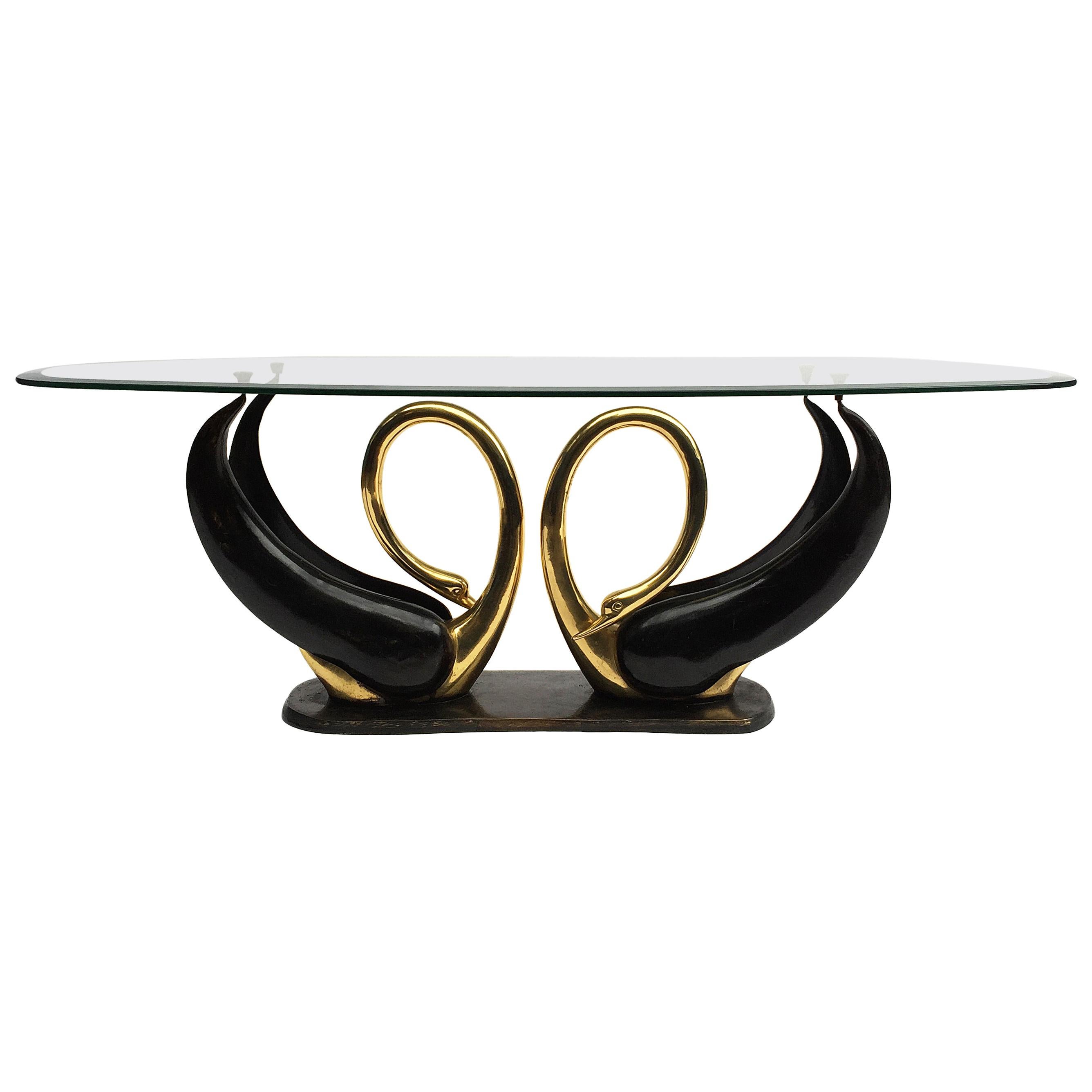 Maison Jansen Brass Love Swans Coffee Table with Beveled Oval Glass Top, 1970s For Sale