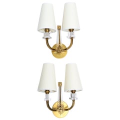 Vintage Maison Jansen Brass, Lucite 
Crystal Sconces French Mid-Century Modern Shades