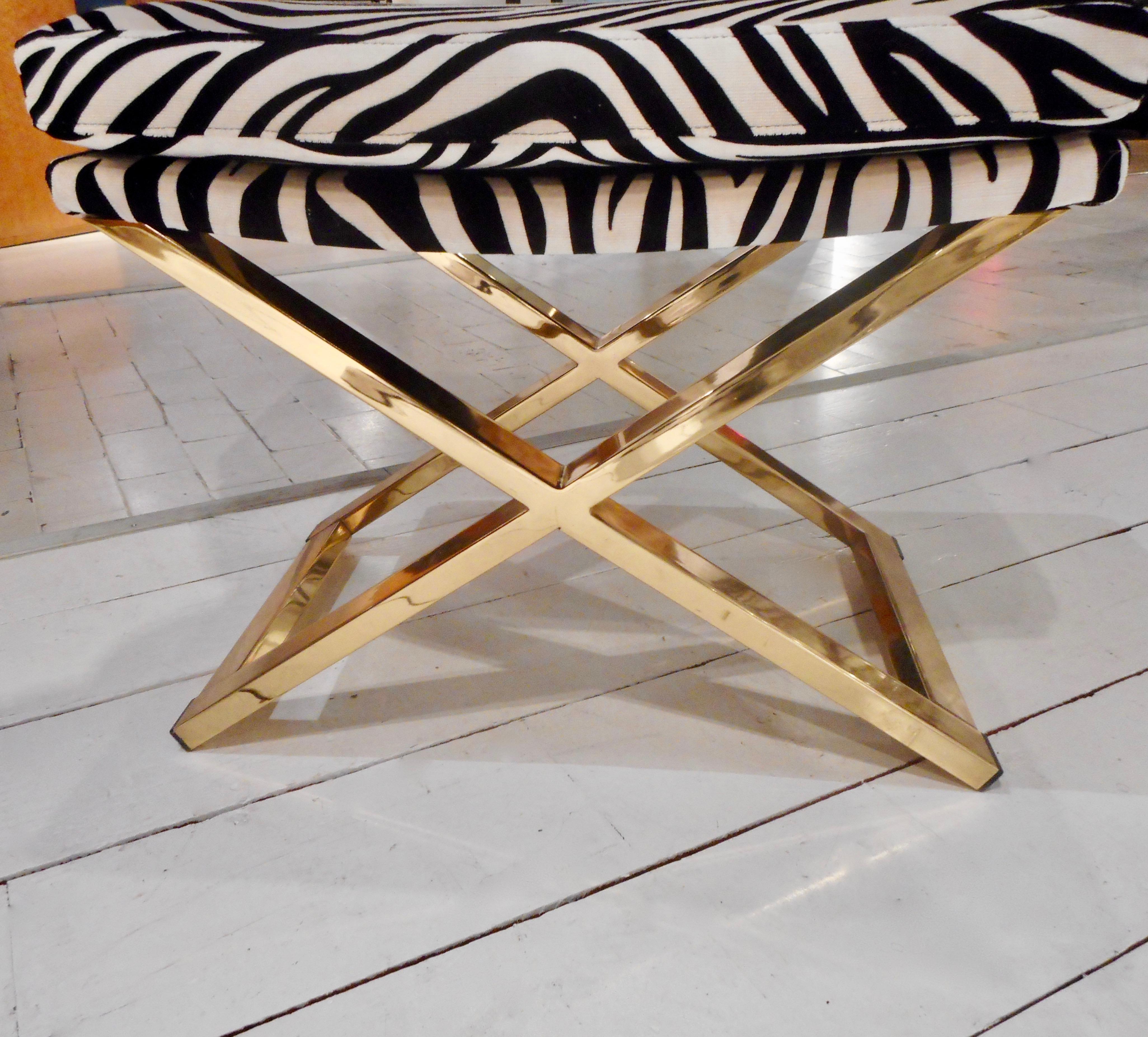 Neoclassical Maison Jansen Brass Ottoman Covered with a Zebra Fabric, France 1970