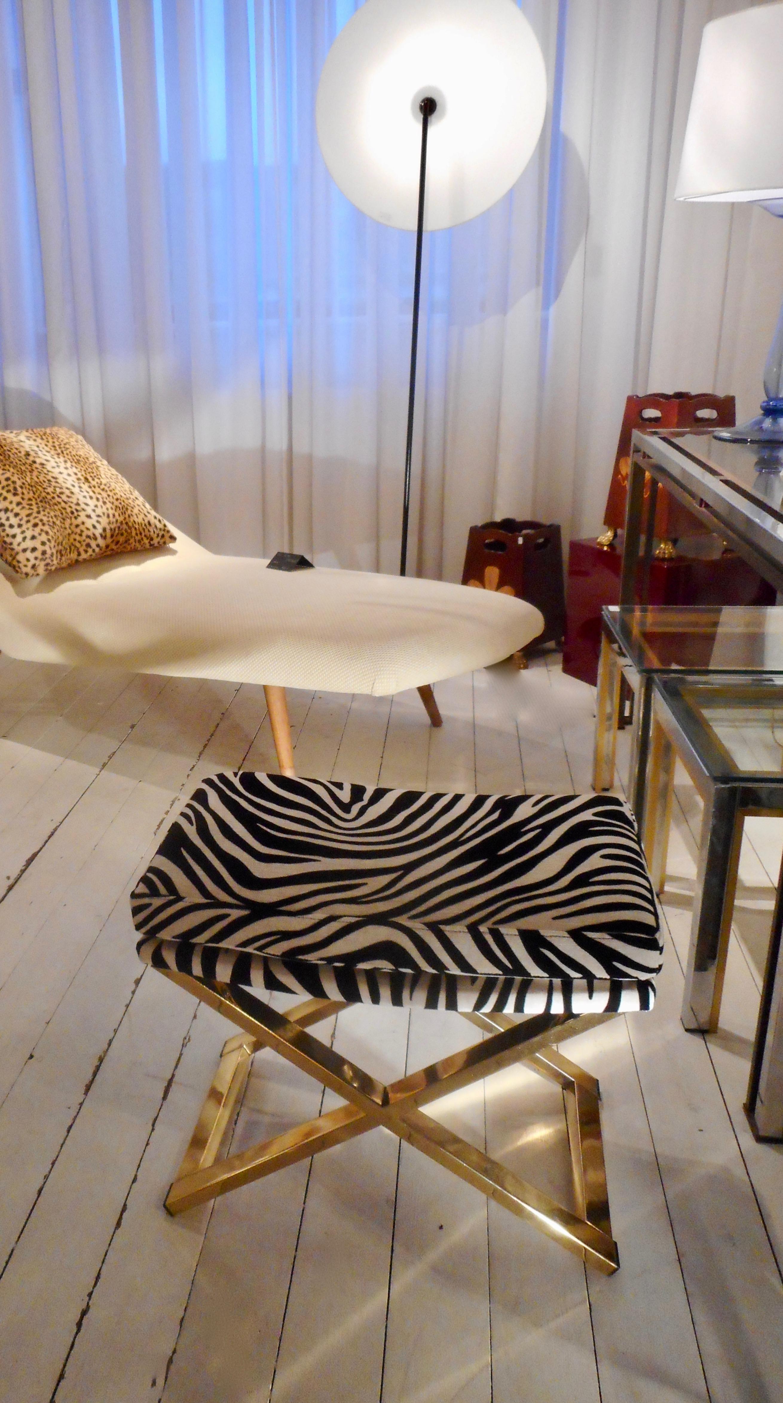 French Maison Jansen Brass Ottoman Covered with a Zebra Fabric, France 1970