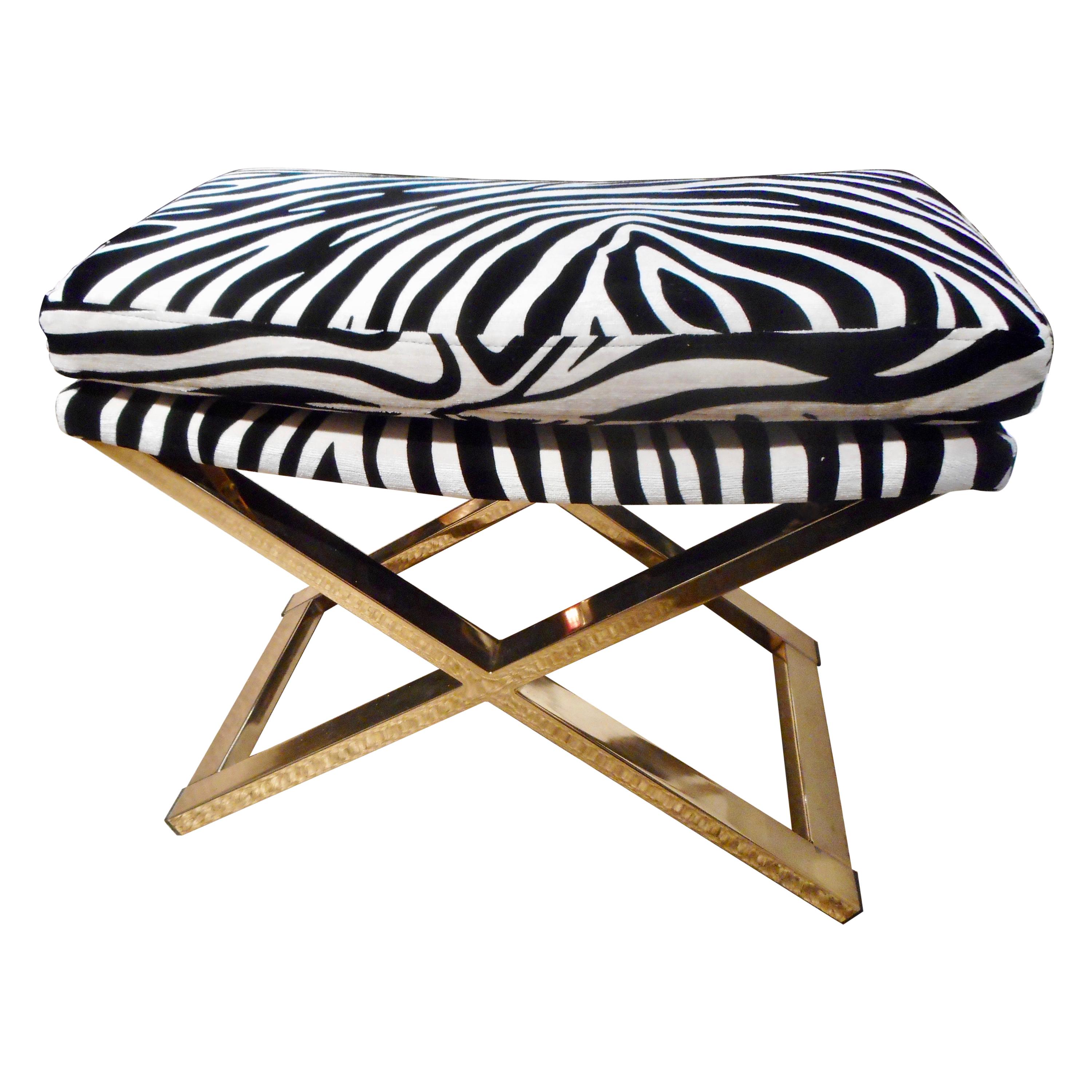 Maison Jansen Brass Ottoman Covered with a Zebra Fabric, France 1970