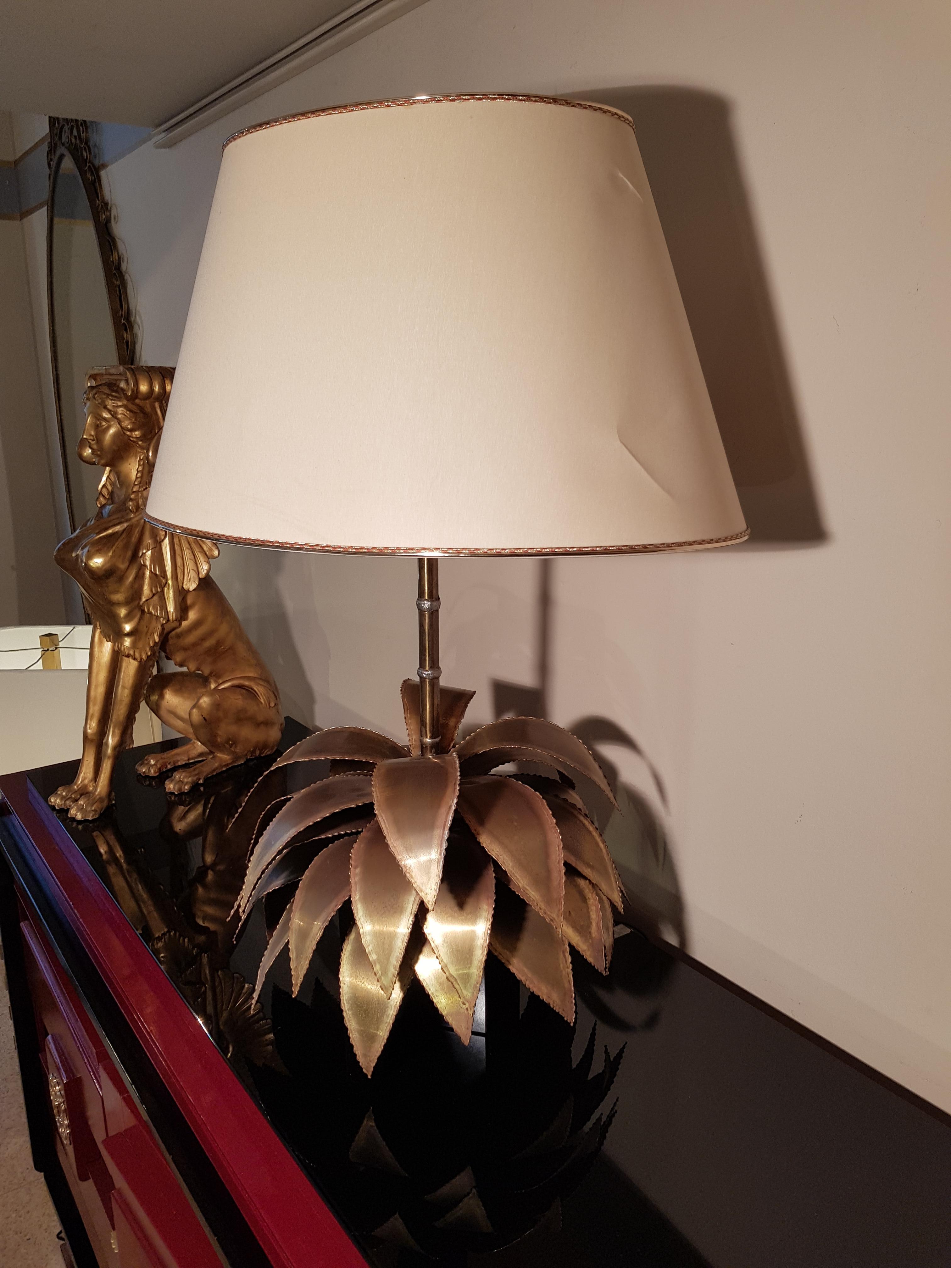 Hollywood Regency Maison Jansen Brass Palm black base Table Lamp, France 1960s