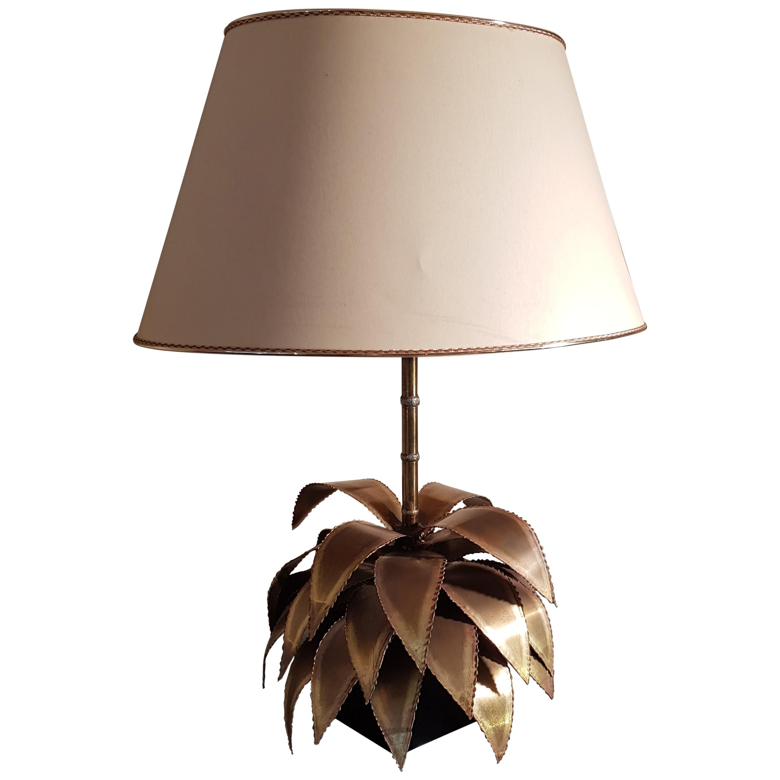 Maison Jansen Brass Palm black base Table Lamp, France 1960s