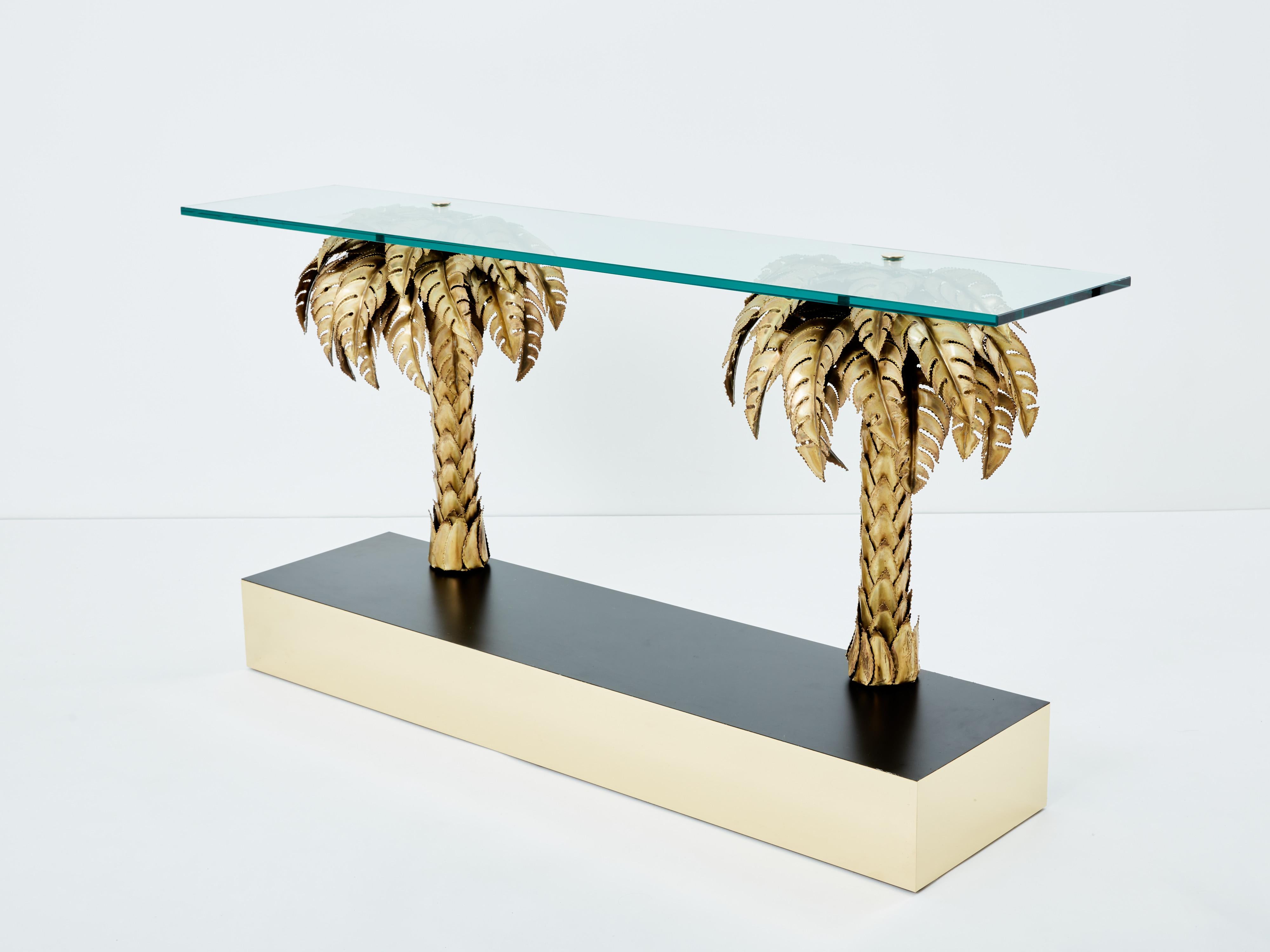 French Maison Jansen brass palm tree console table 1970s For Sale