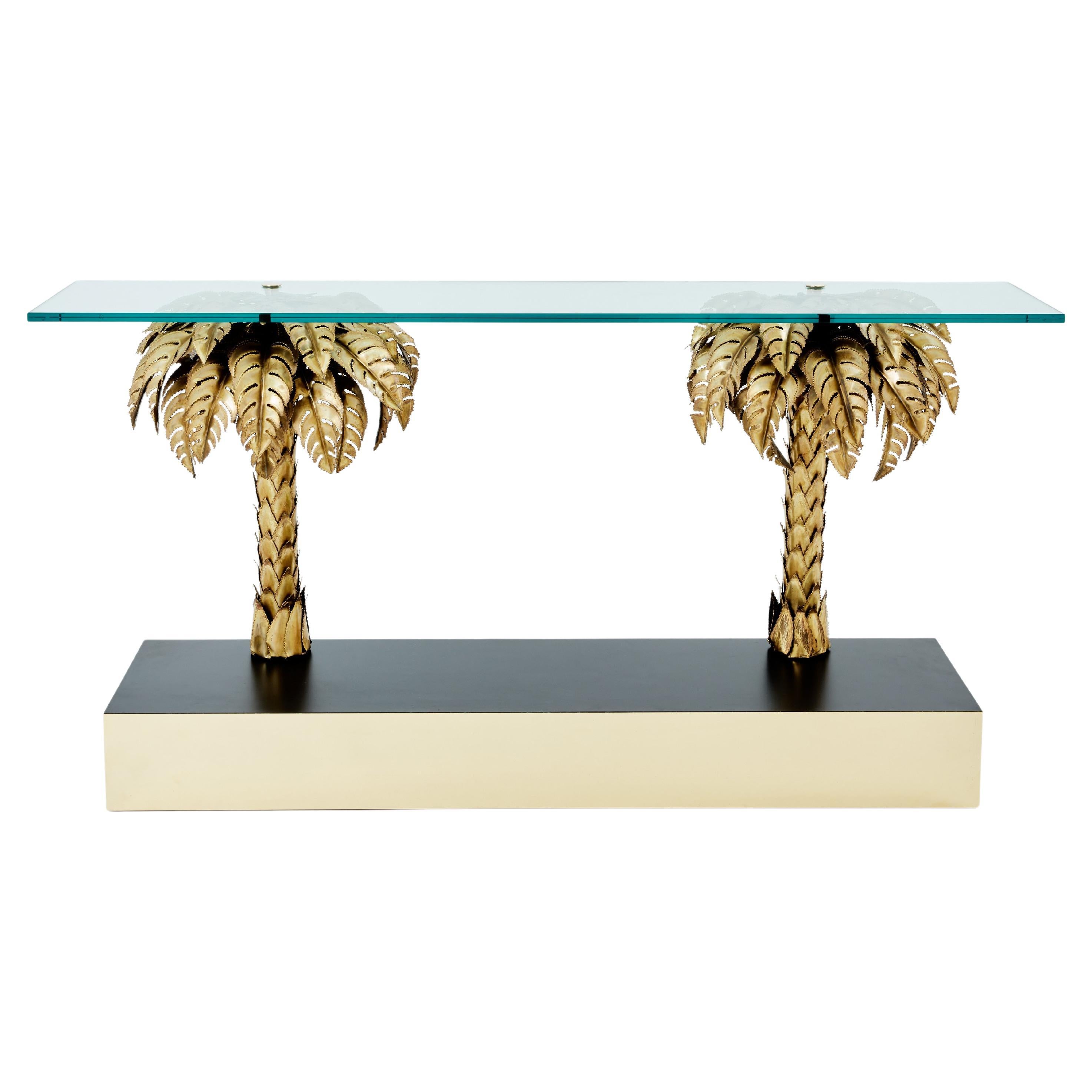 Maison Jansen brass palm tree console table 1970s For Sale