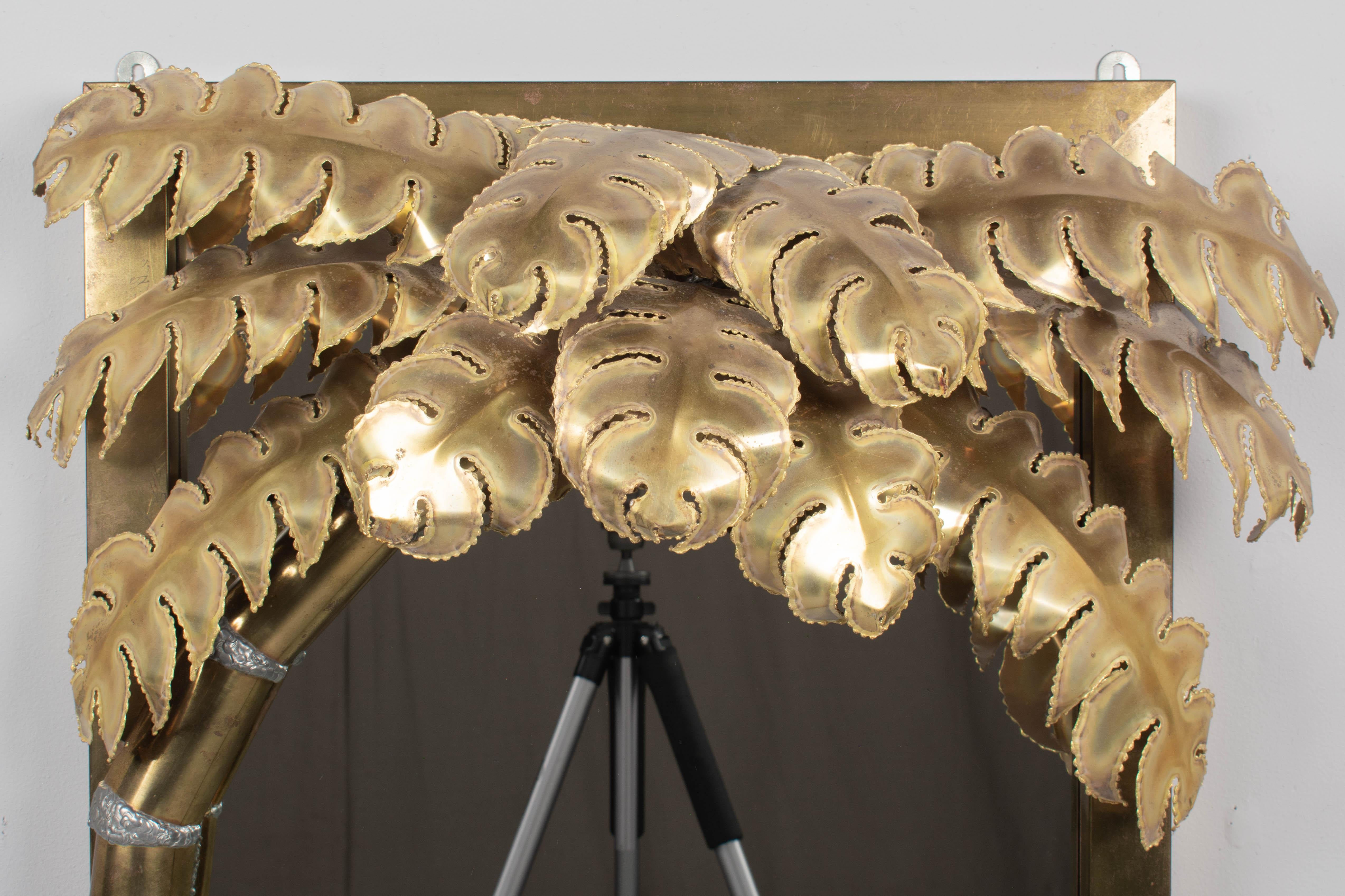 Hand-Crafted Maison Jansen Brass Palm Tree Illuminated Mirror  For Sale