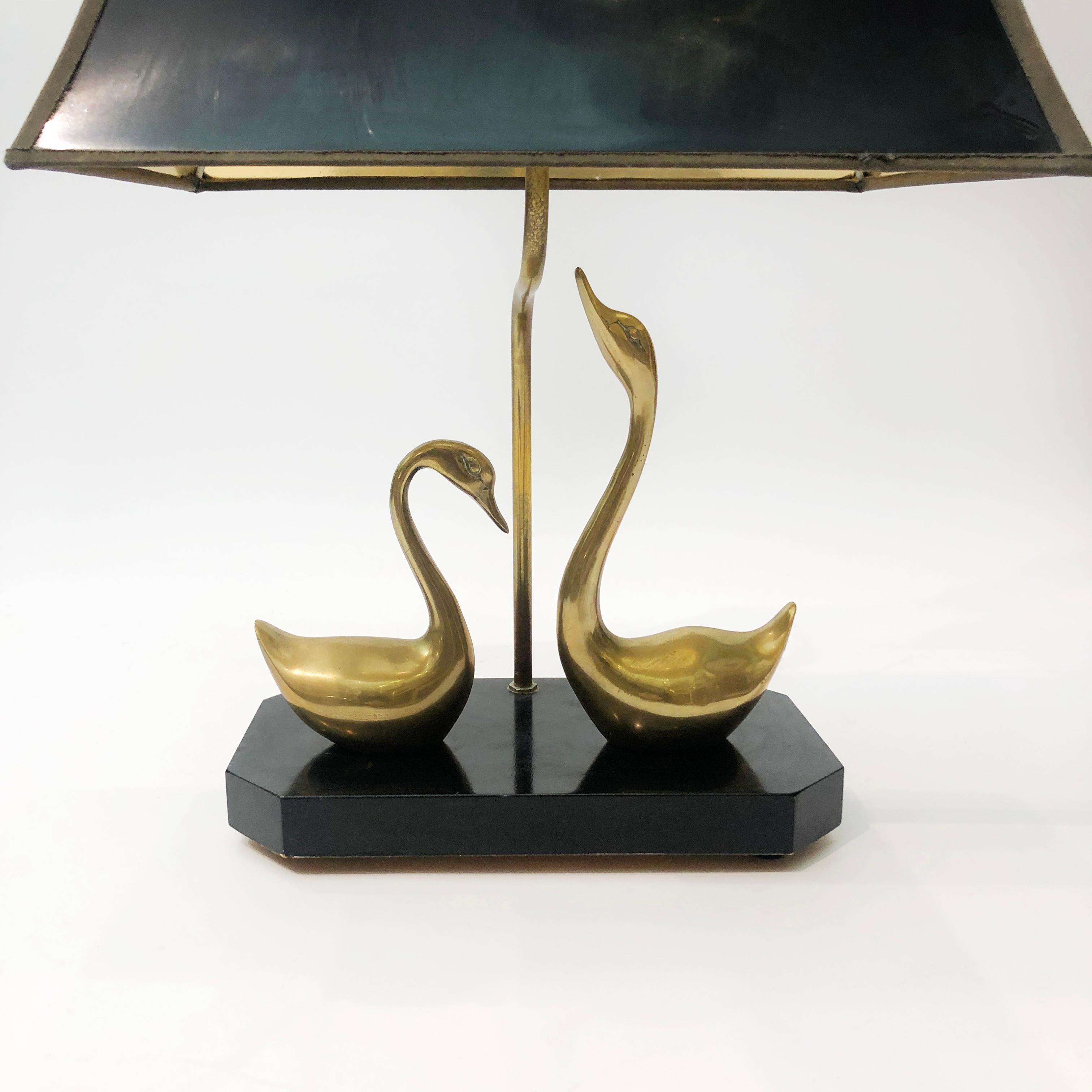 Lacquered Maison Jansen Brass Swans Table Lamp Hollywood Regency 1970s Chinoiserie ebony For Sale