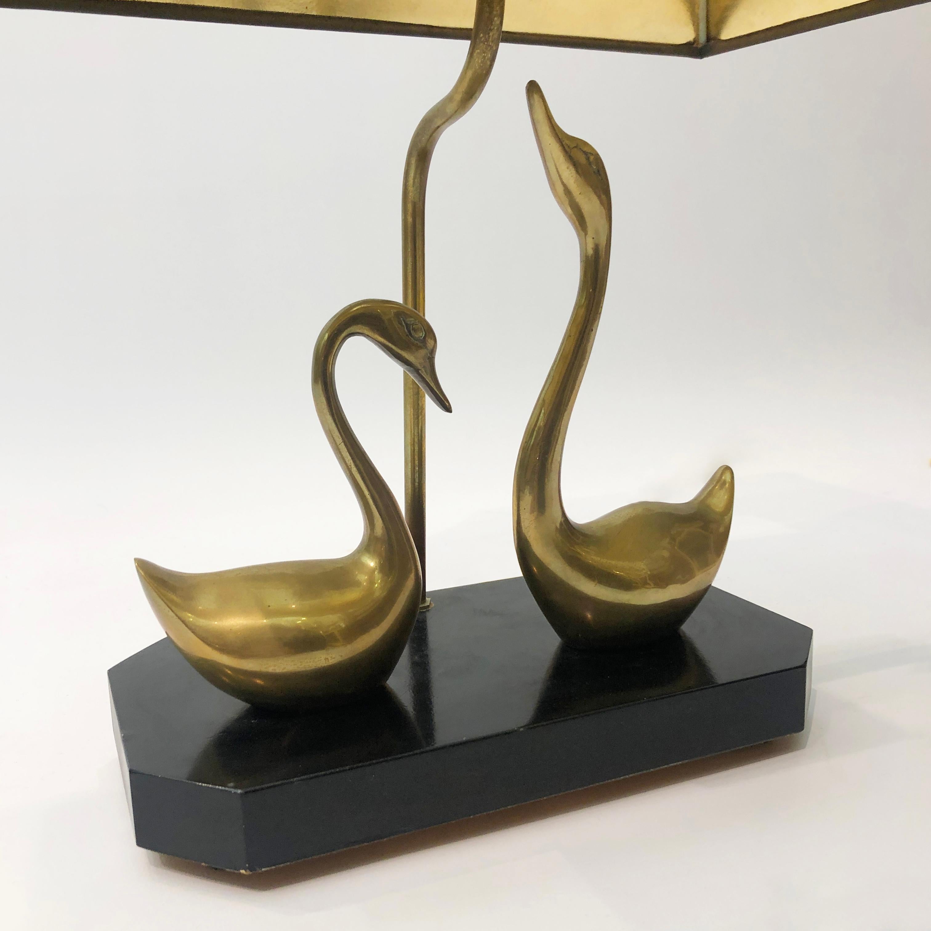 French Maison Jansen Brass Swans Table Lamp Hollywood Regency 1970s Chinoiserie ebony