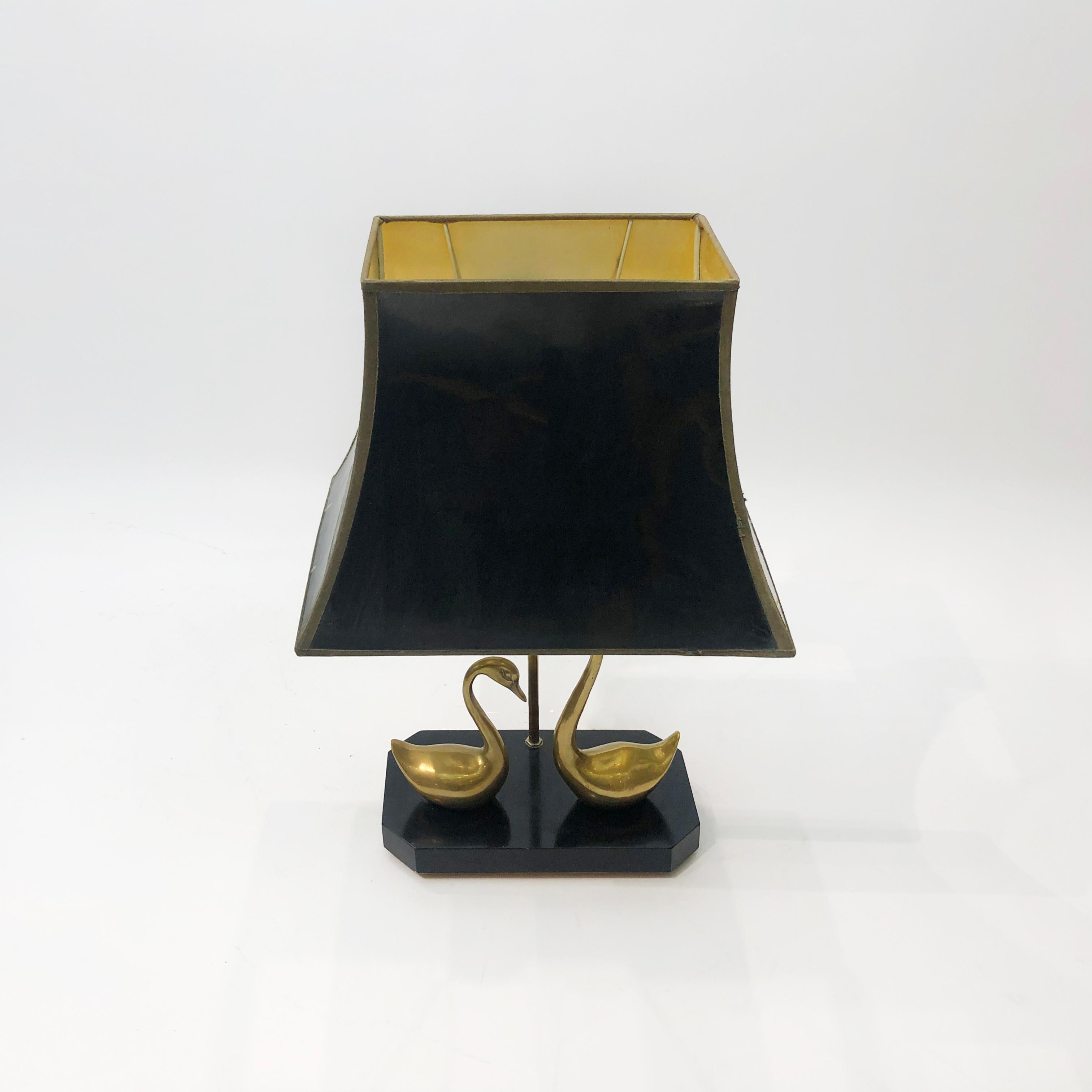 Lacquered Maison Jansen Brass Swans Table Lamp Hollywood Regency 1970s Chinoiserie ebony