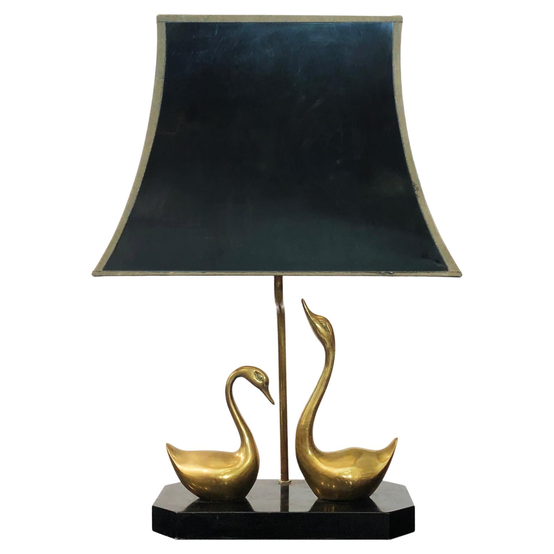Maison Jansen Brass Swans Table Lamp Hollywood Regency 1970s Chinoiserie ebony