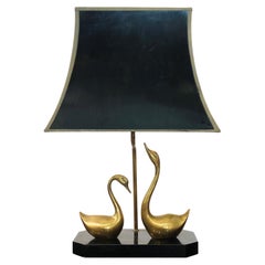 Maison Jansen Brass Swans Table Lamp Hollywood Regency 1970s Chinoiserie ebony