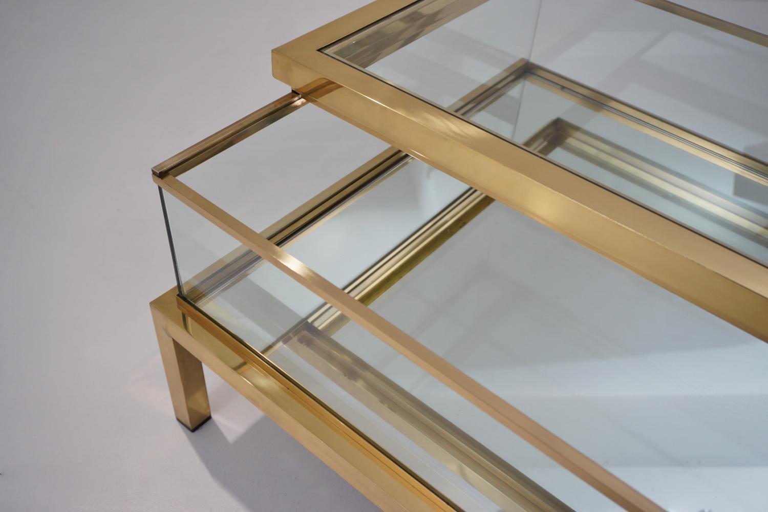 Hollywood Regency Maison Jansen Brass Two Tier Sliding Top Display Coffee Table, Mirrored Shelf