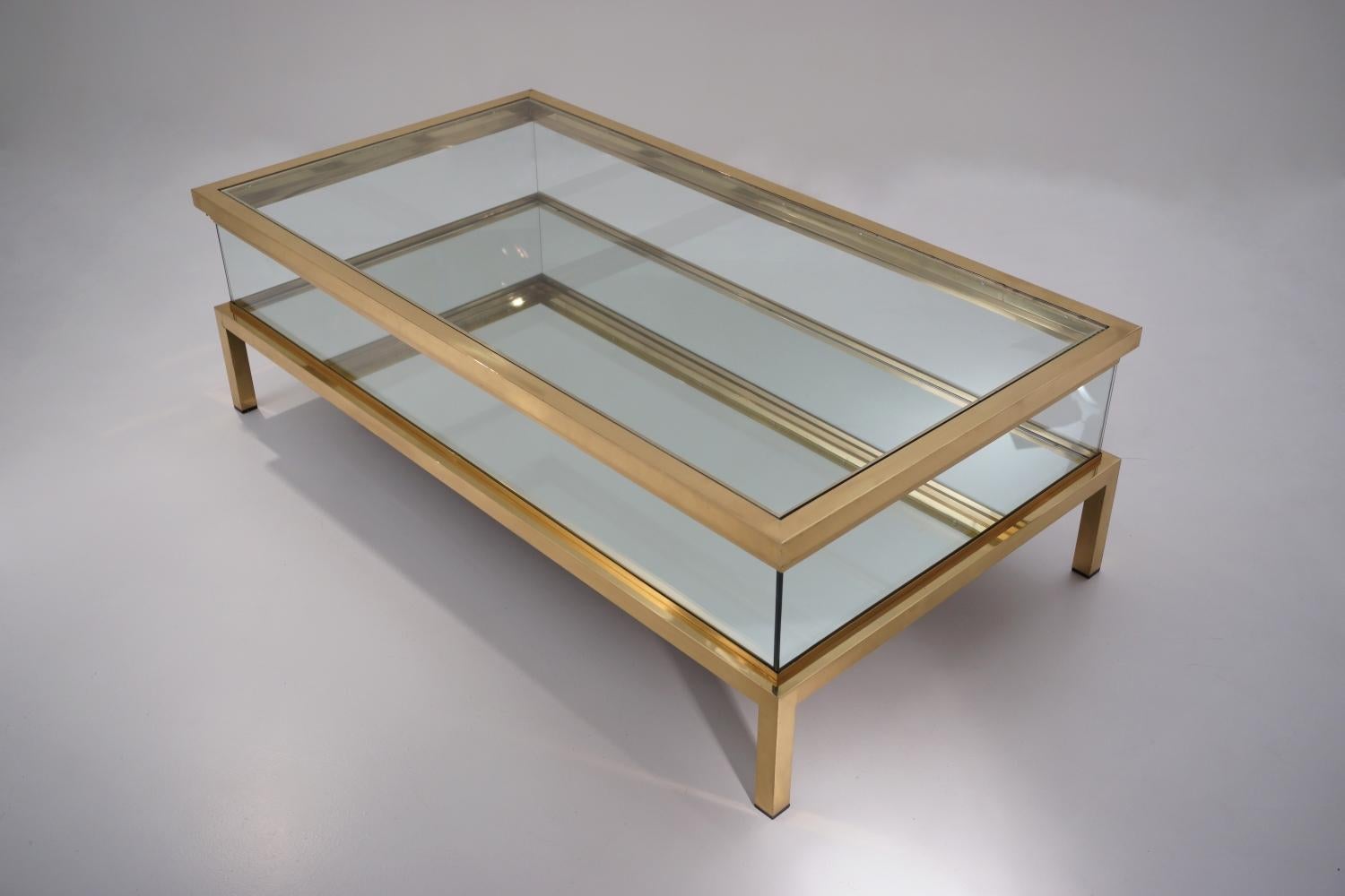 French Maison Jansen Brass Two Tier Sliding Top Display Coffee Table, Mirrored Shelf