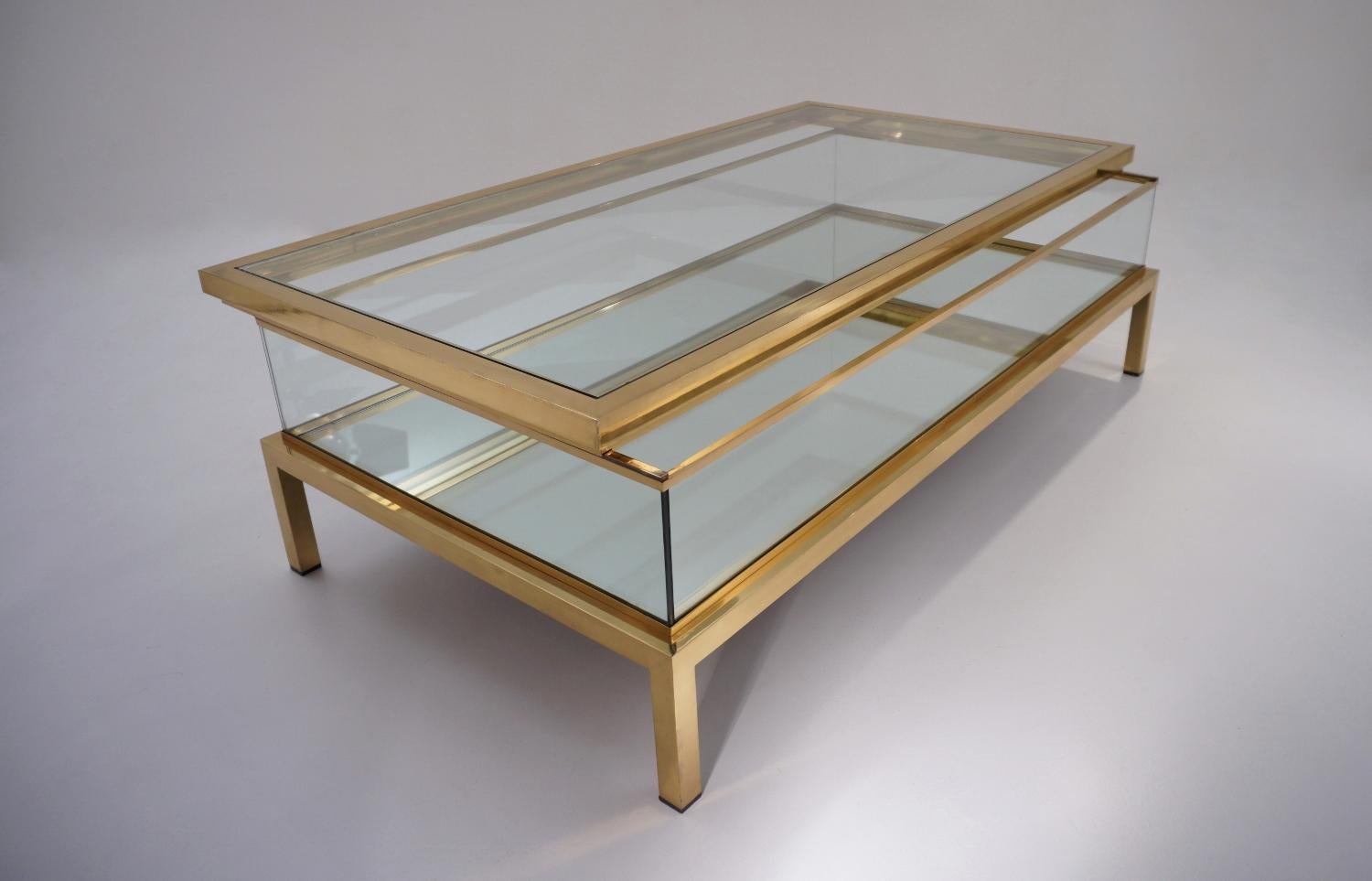 Late 20th Century Maison Jansen Brass Two Tier Sliding Top Display Coffee Table, Mirrored Shelf