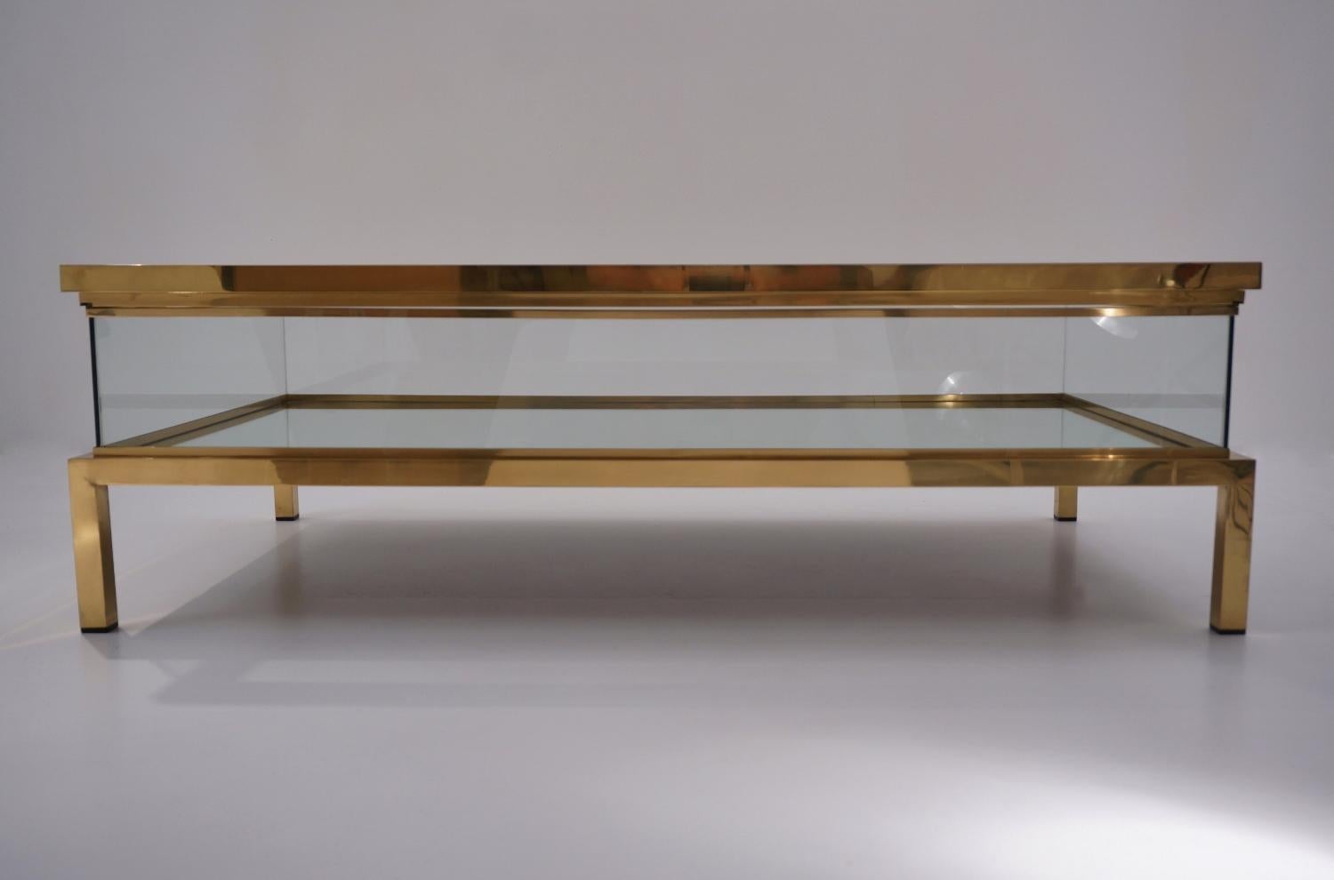 Maison Jansen Brass Two Tier Sliding Top Display Coffee Table, Mirrored Shelf 1