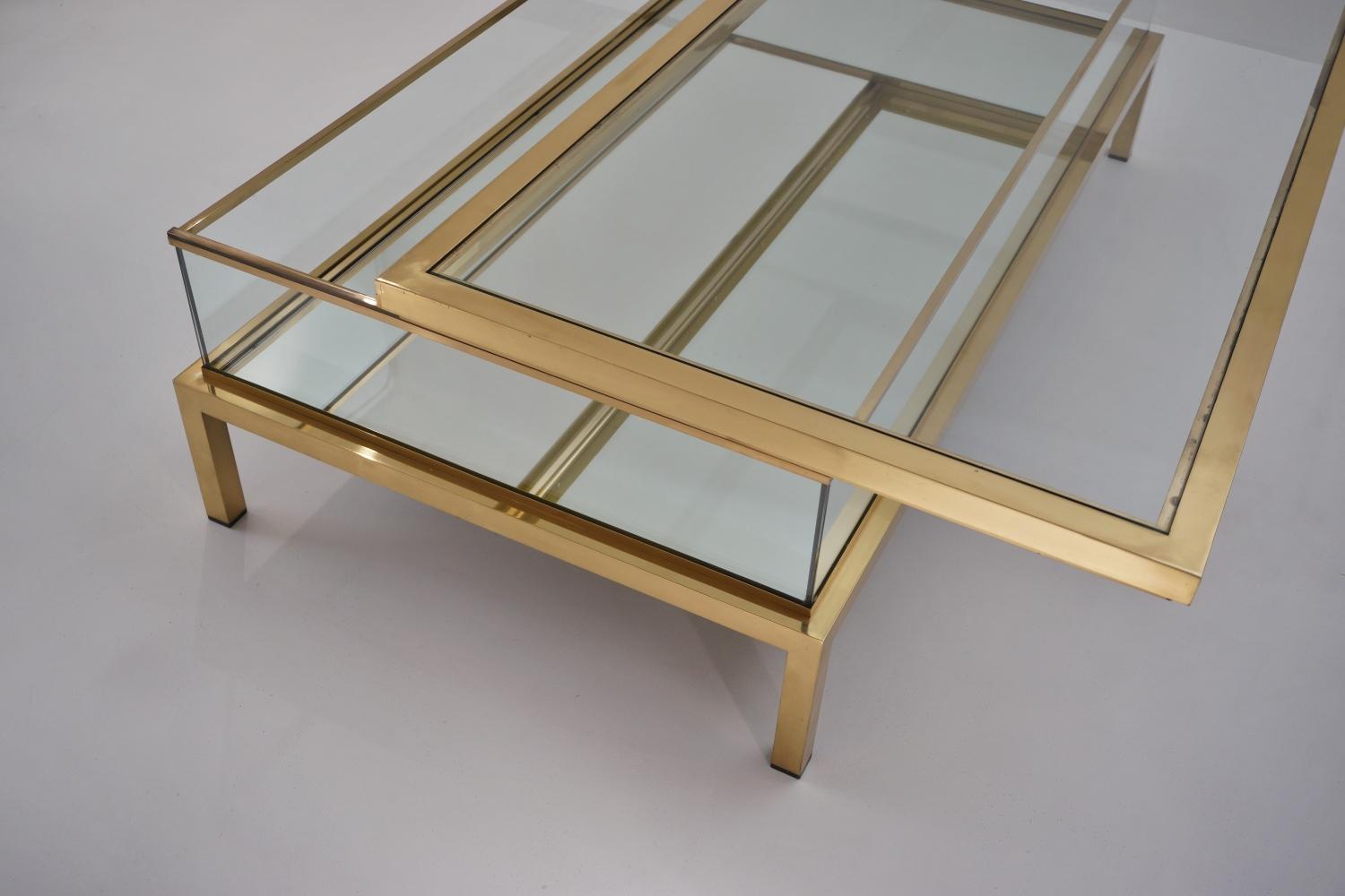 Maison Jansen Brass Two Tier Sliding Top Display Coffee Table, Mirrored Shelf 2