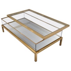 Maison Jansen Brass Two Tier Sliding Top Display Coffee Table, Mirrored Shelf