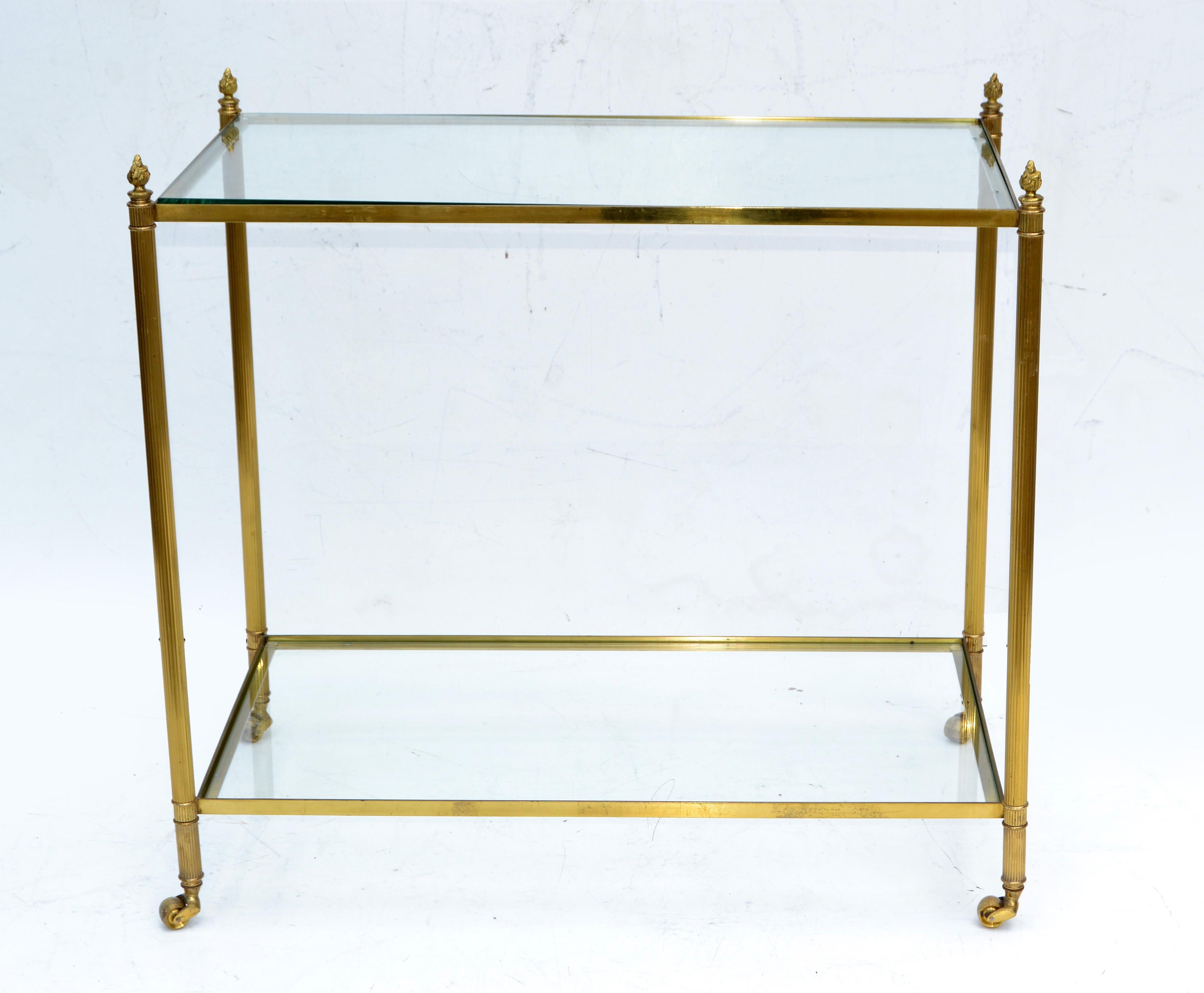 French Maison Jansen Bronze 2-Tier Neoclassical Side Table, Serving Cart Casters France