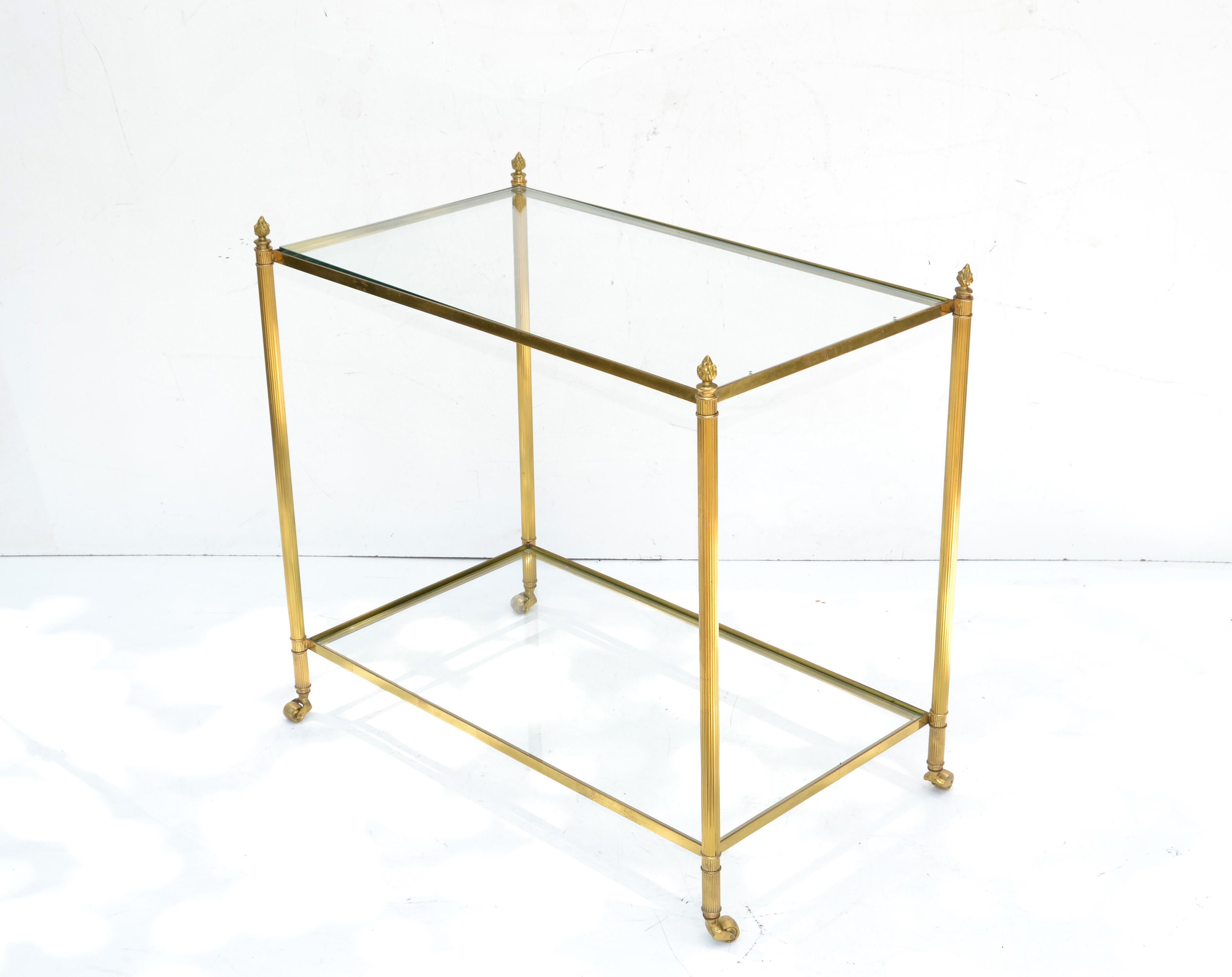 Patinated Maison Jansen Bronze 2-Tier Neoclassical Side Table, Serving Cart Casters France