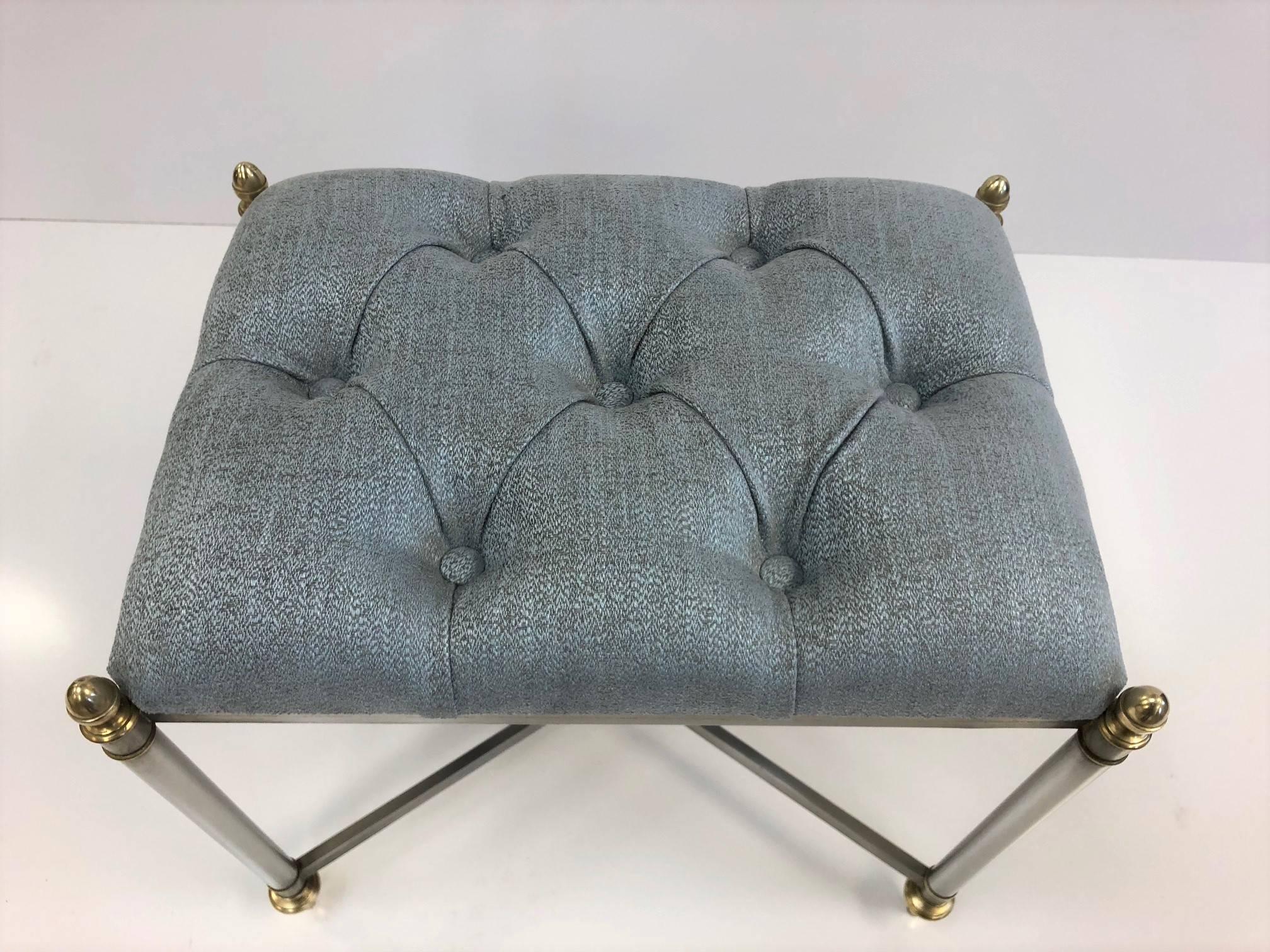Maison Jansen bronze and steel tufted upholstered bench.