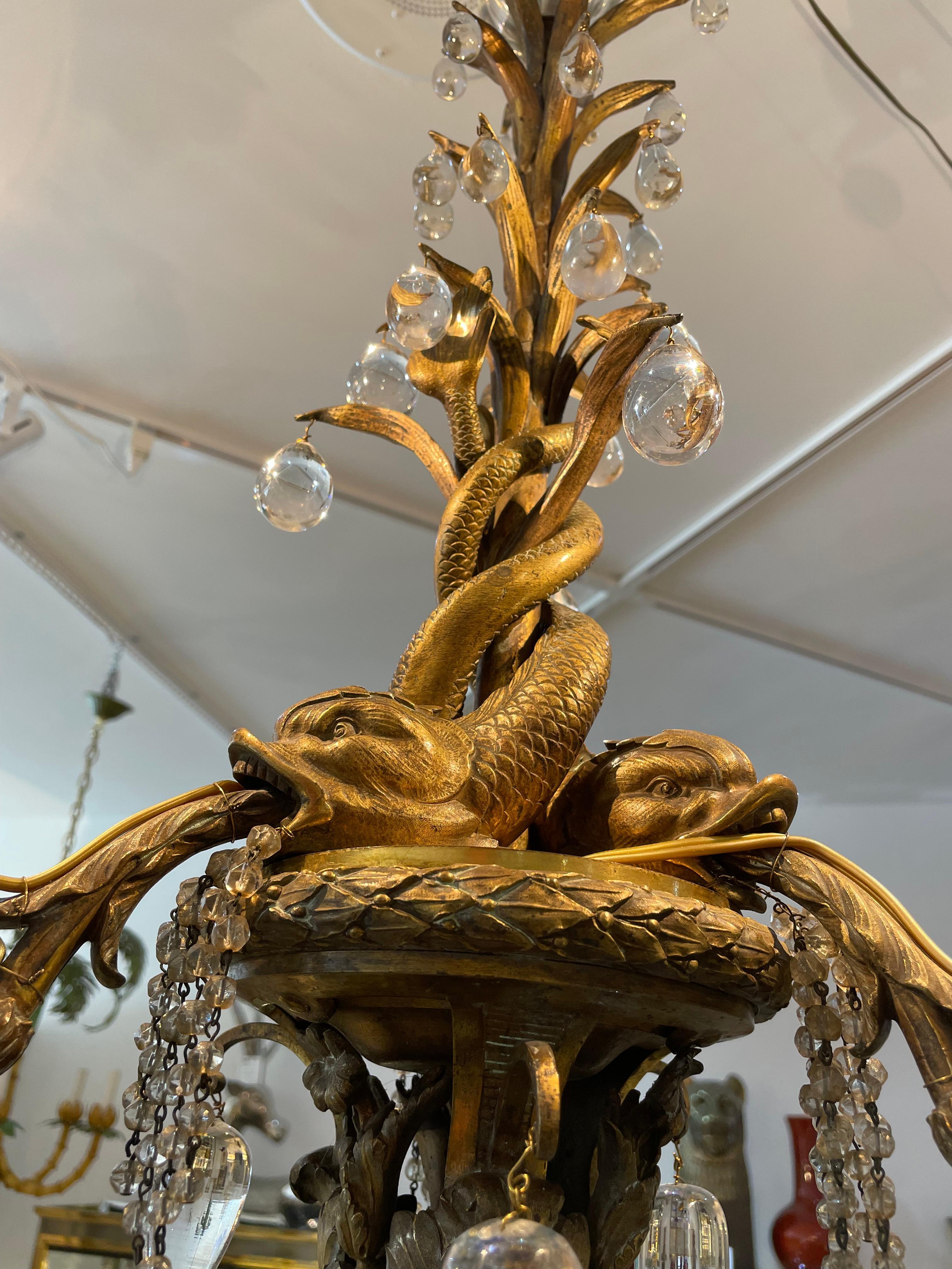 Bronze Chandelier with Dolphin Figures Style of Maison Jansen For Sale 3