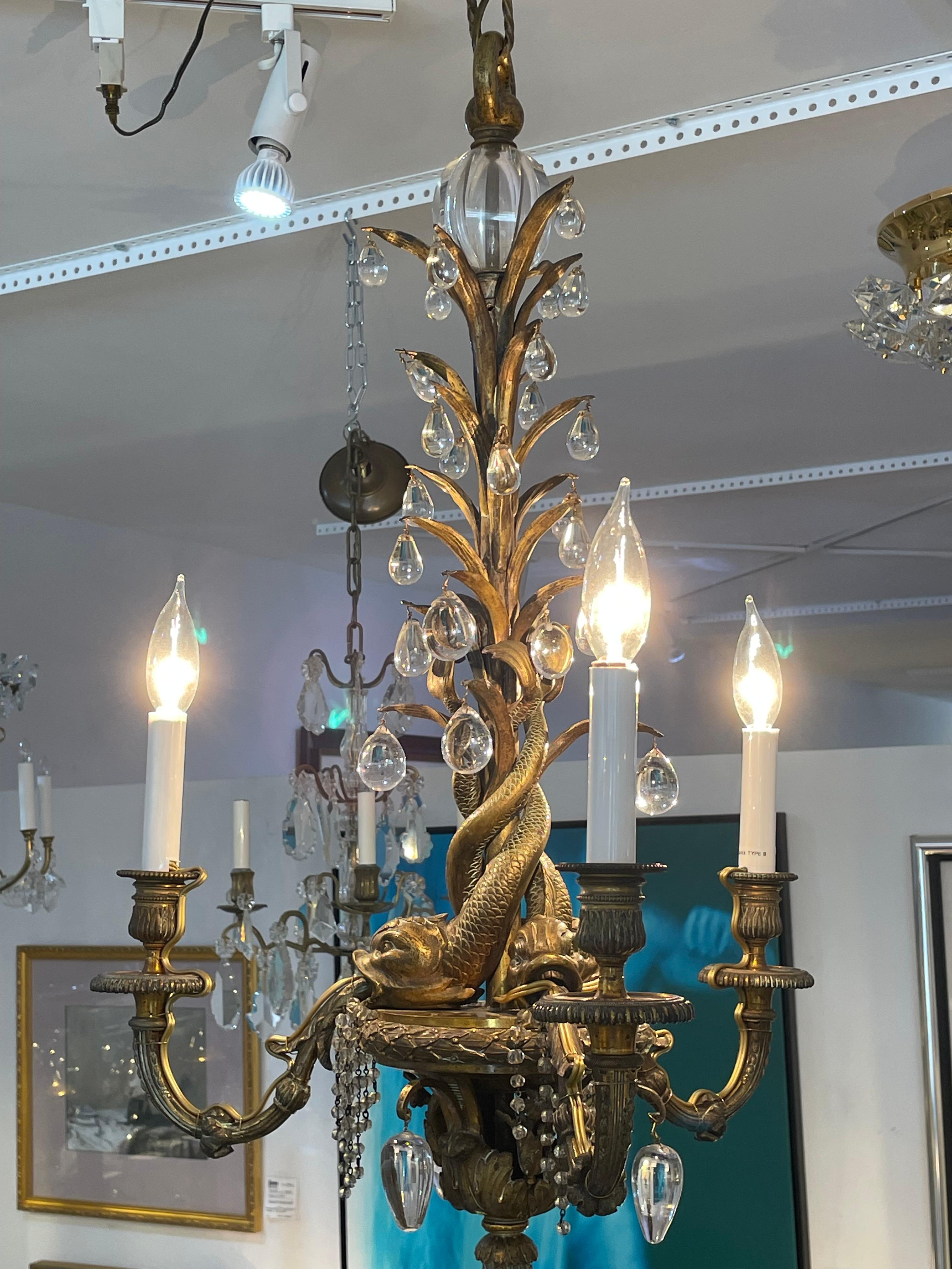 Bronze Chandelier with Dolphin Figures Style of Maison Jansen For Sale 9