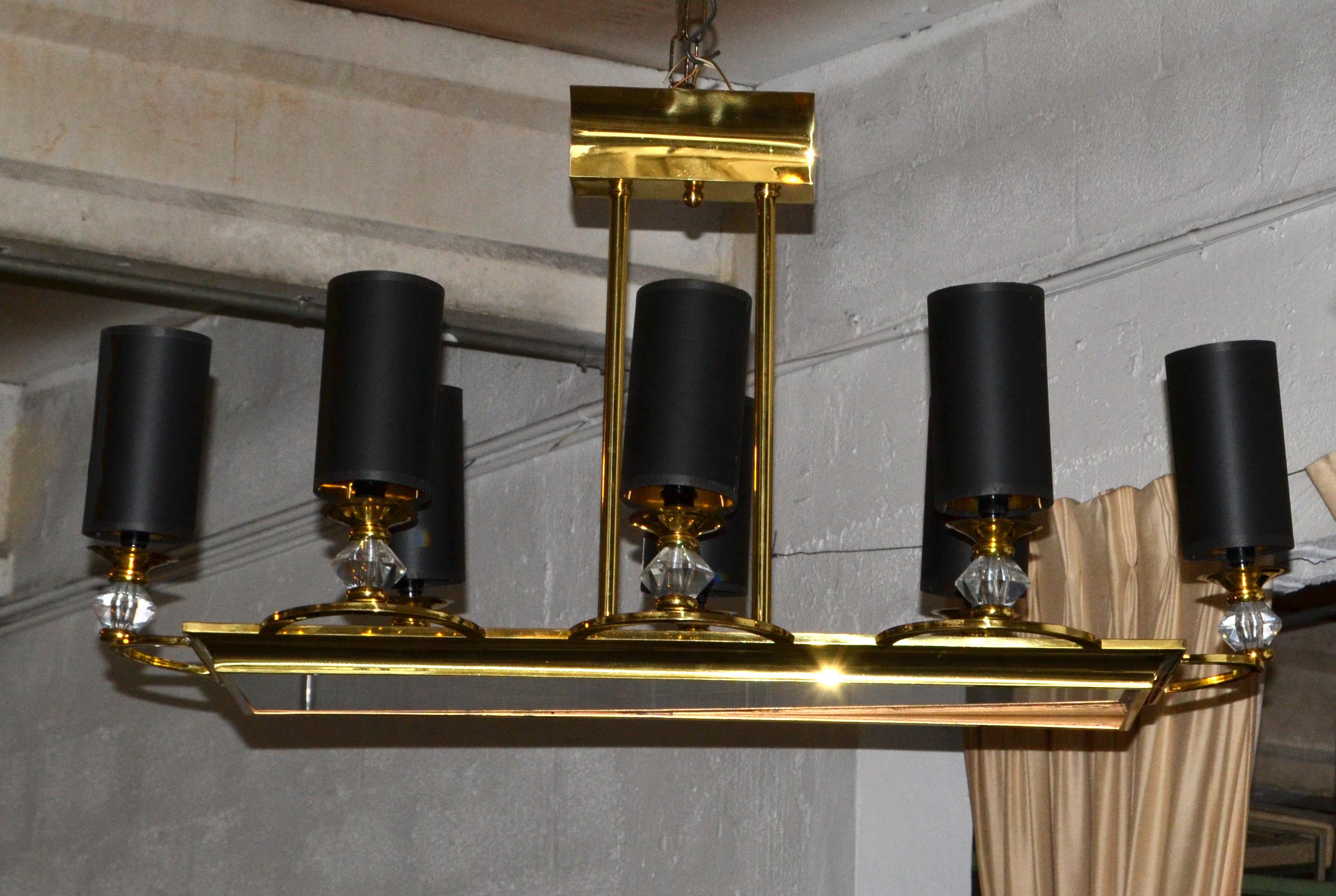 Mid-Century Modern Maison Jansen Bronze, Faceted Glass & Etched Frosted Glass 8 Light Chandelier For Sale