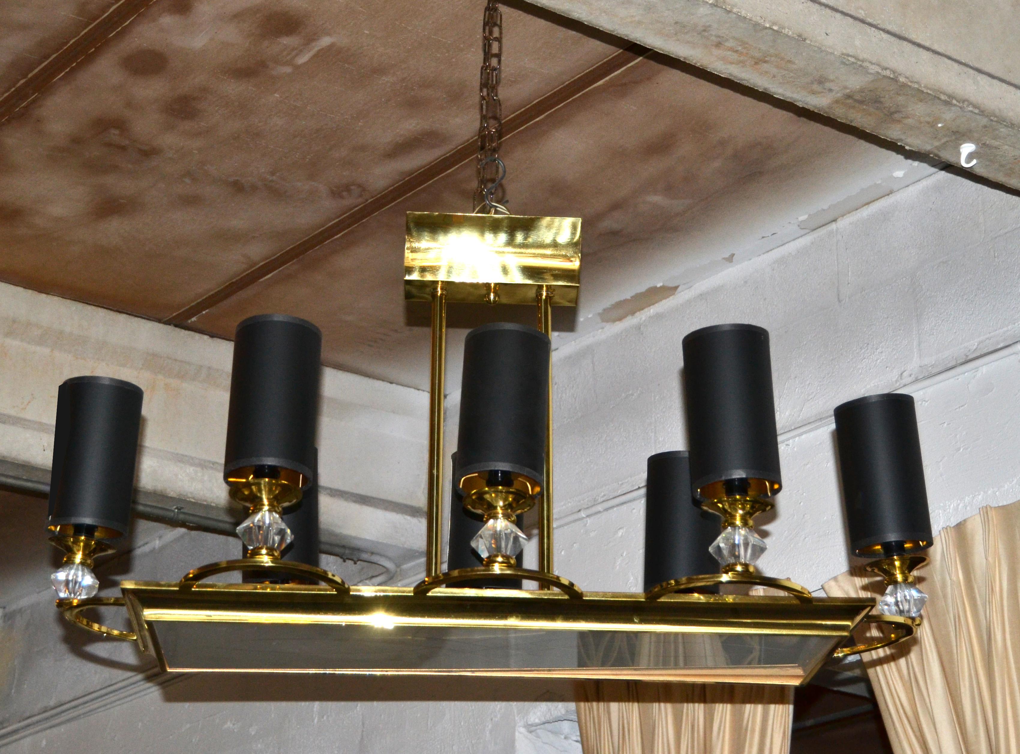 French Maison Jansen Bronze, Faceted Glass & Etched Frosted Glass 8 Light Chandelier For Sale