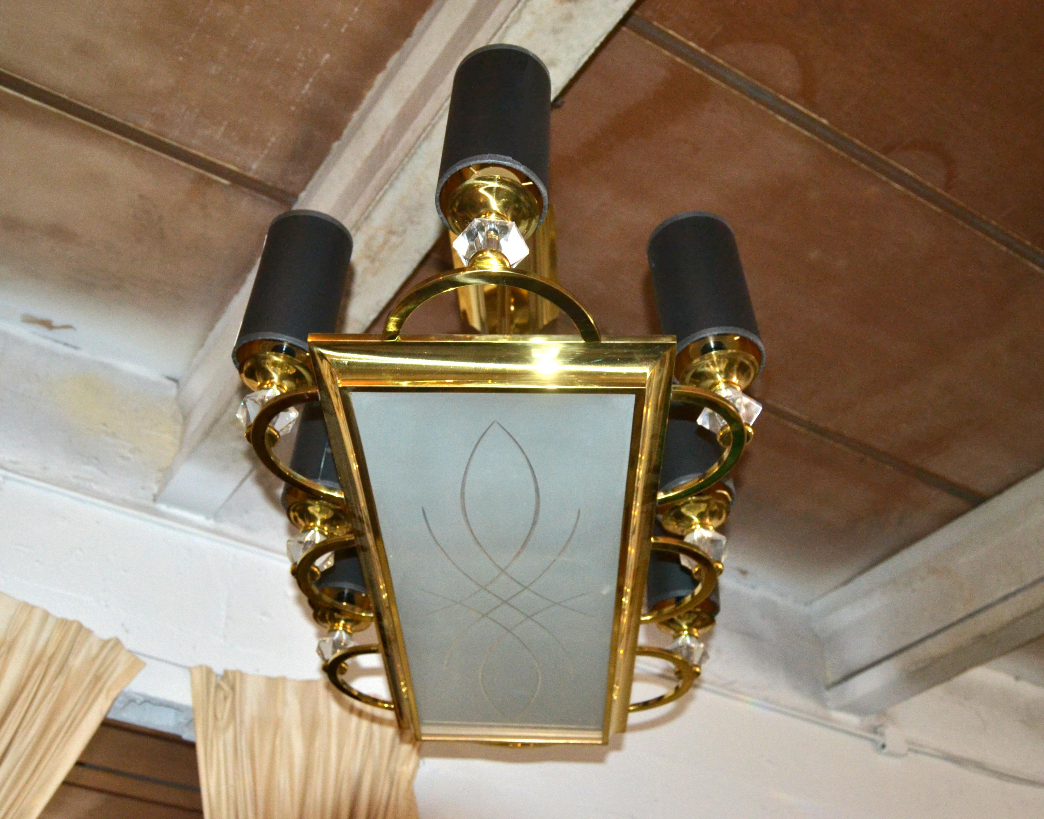Maison Jansen Bronze, Faceted Glass & Etched Frosted Glass 8 Light Chandelier In Good Condition For Sale In Miami, FL