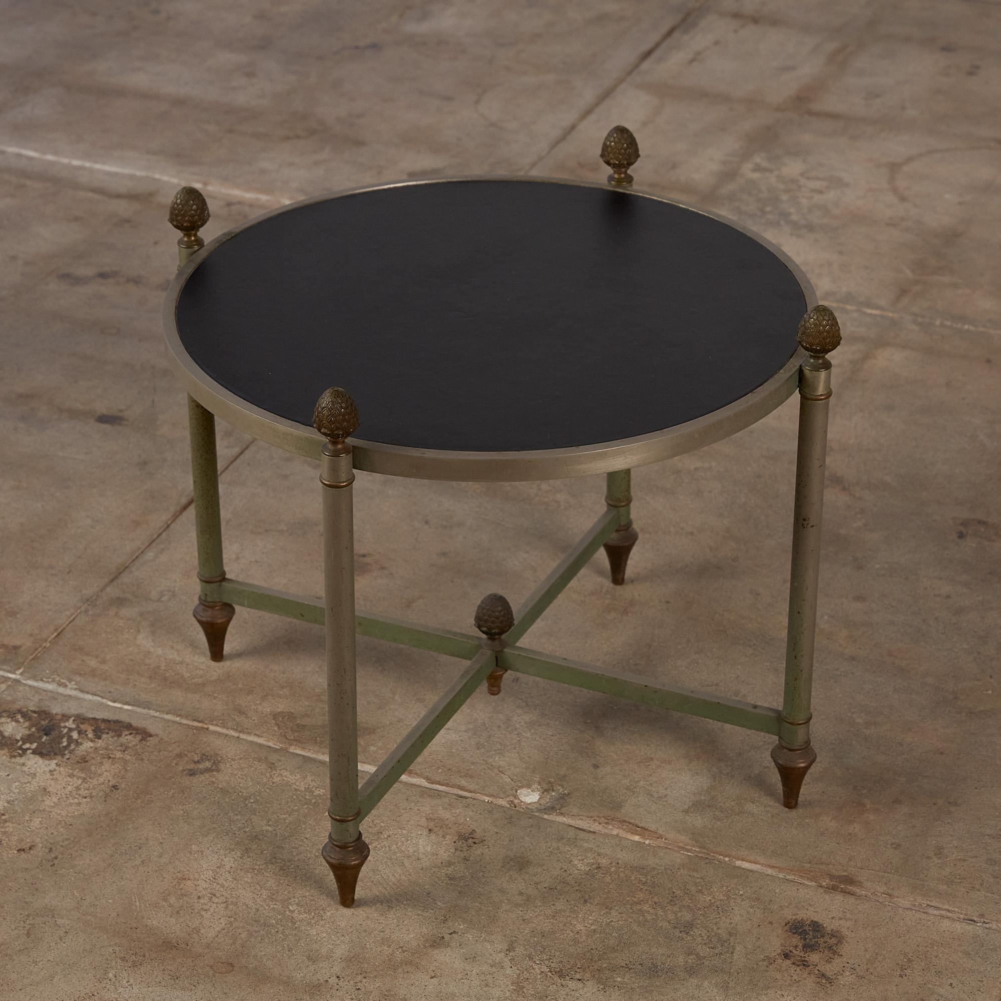 Maison Jansen Bronze Side Table with Leather Top In Excellent Condition In Los Angeles, CA