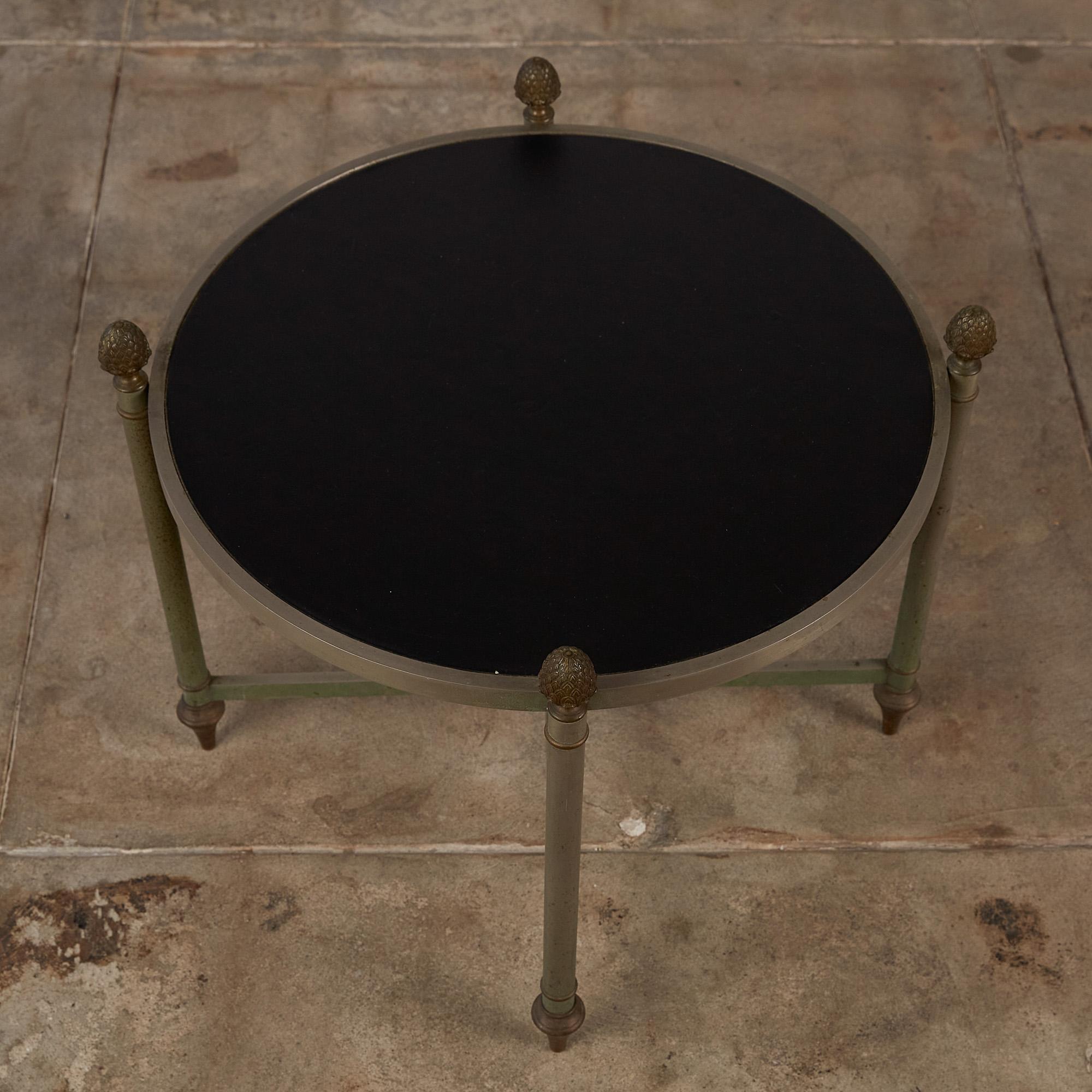 Steel Maison Jansen Bronze Side Table with Leather Top