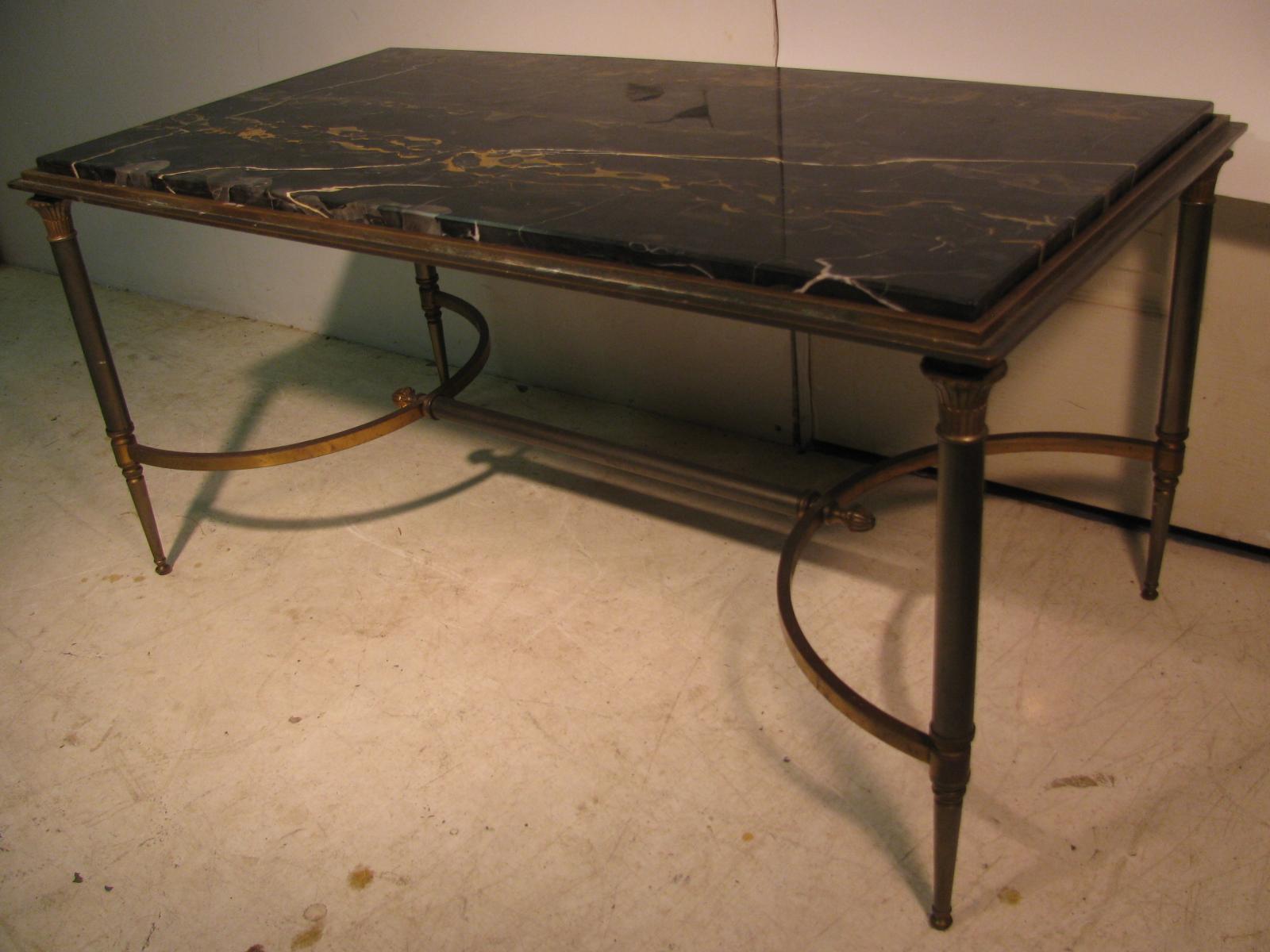 French Maison Jansen Bronze & Steel Neoclassical Marble Top Cocktail Table