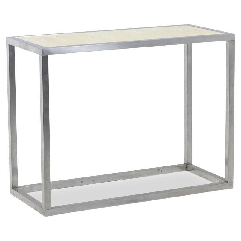 Maison Jansen. Brushed aluminum console with eglomized glass top. 1970 For Sale
