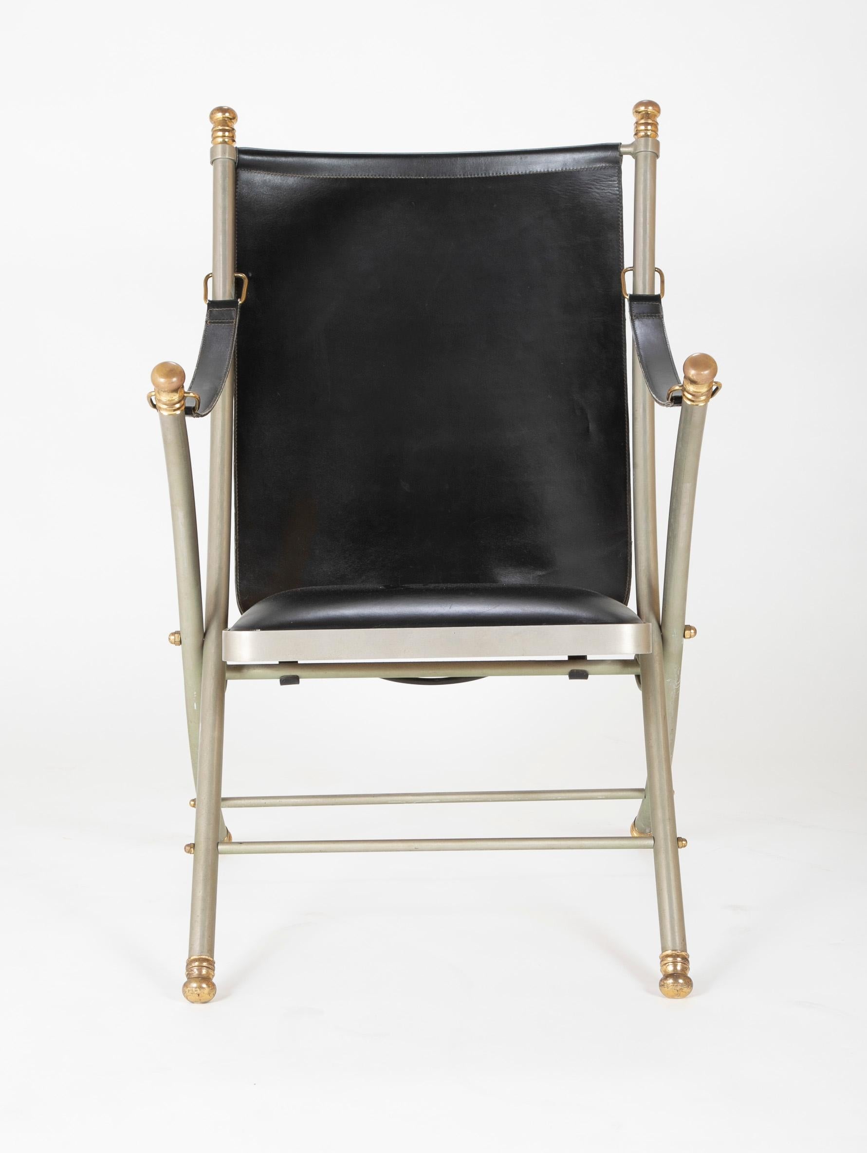 Mid-Century Modern Maison Jansen Brushed Steel and Brass Campaign Armchair For Sale
