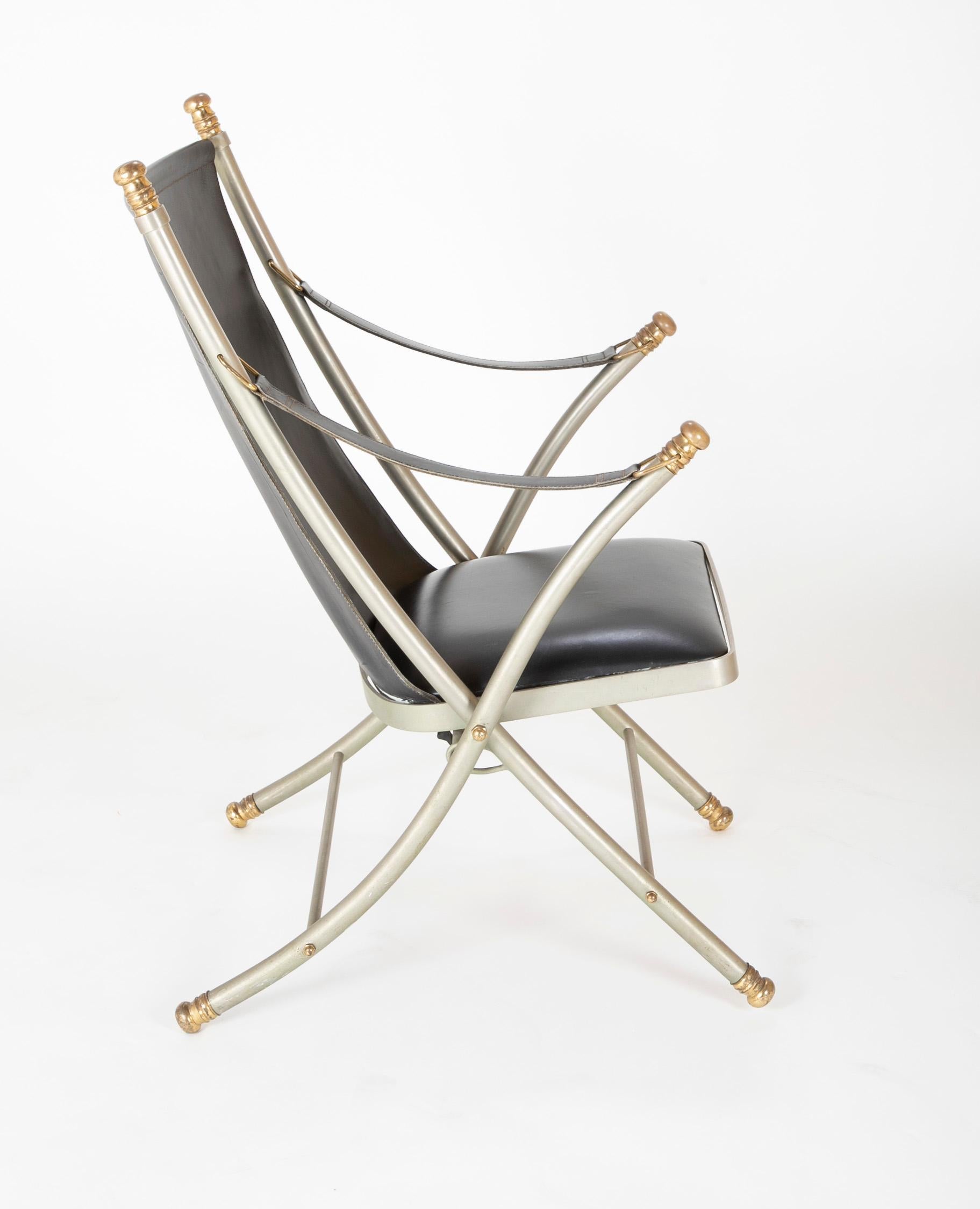French Maison Jansen Brushed Steel and Brass Campaign Armchair For Sale