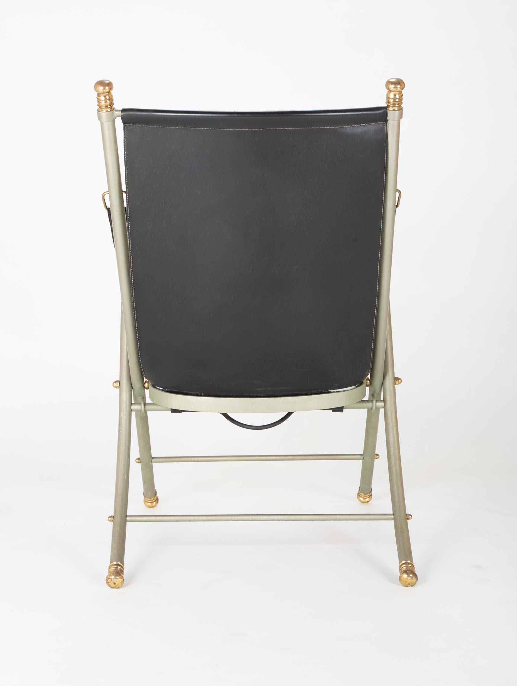 Maison Jansen Brushed Steel and Brass Campaign Armchair In Good Condition In Stamford, CT