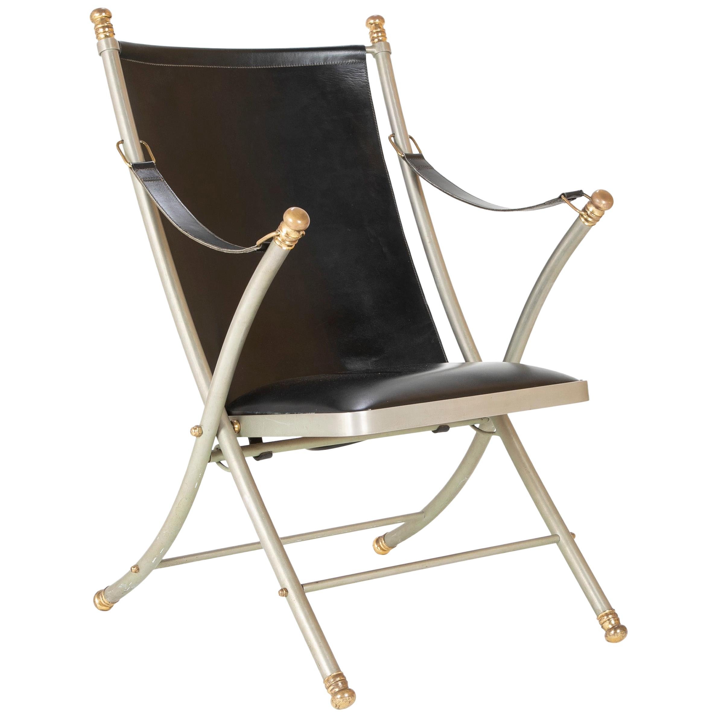 Maison Jansen Brushed Steel and Brass Campaign Armchair For Sale