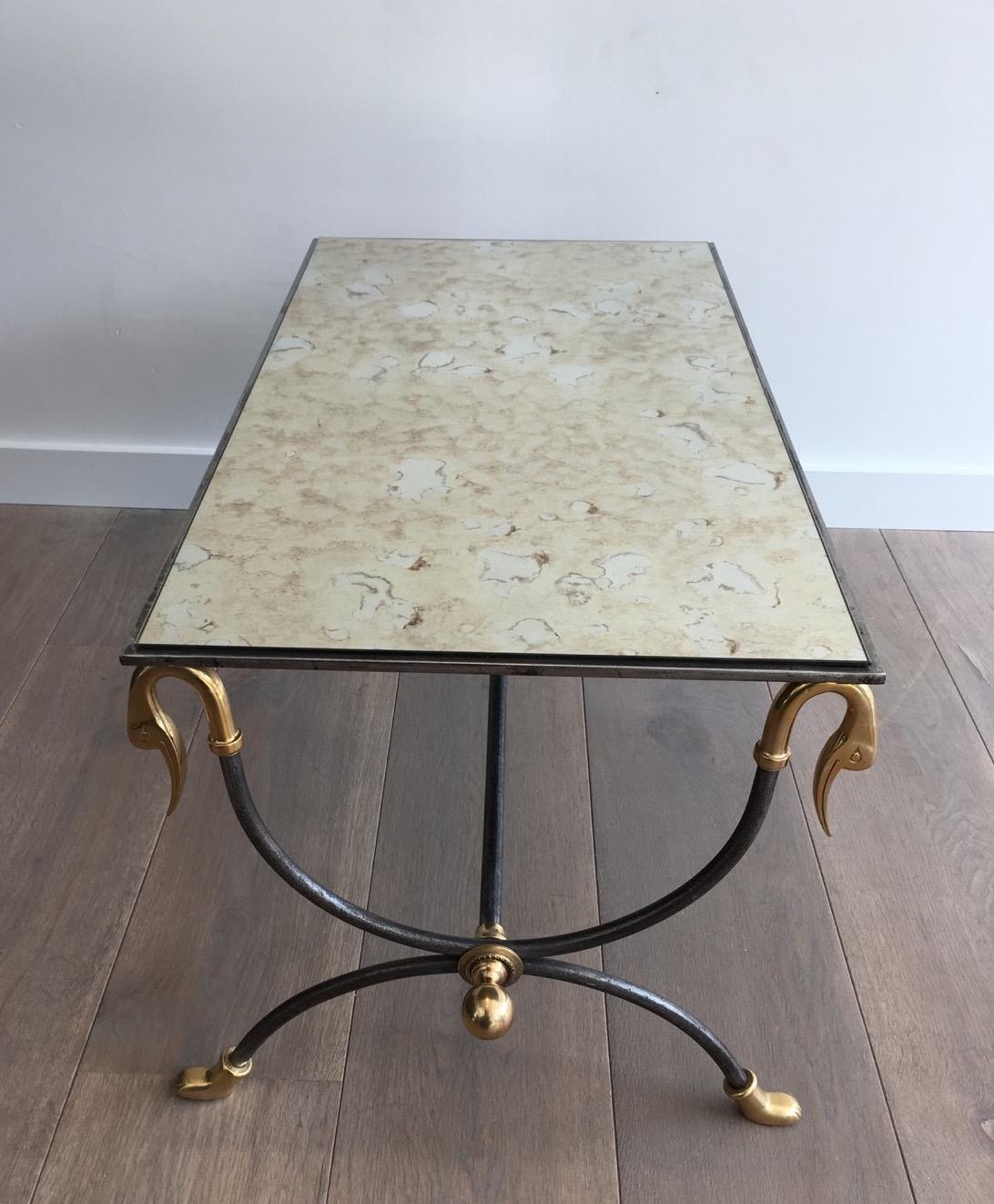 Maison Jansen Brushed Steel and Brass Coffee Table with Swanheads For Sale 5