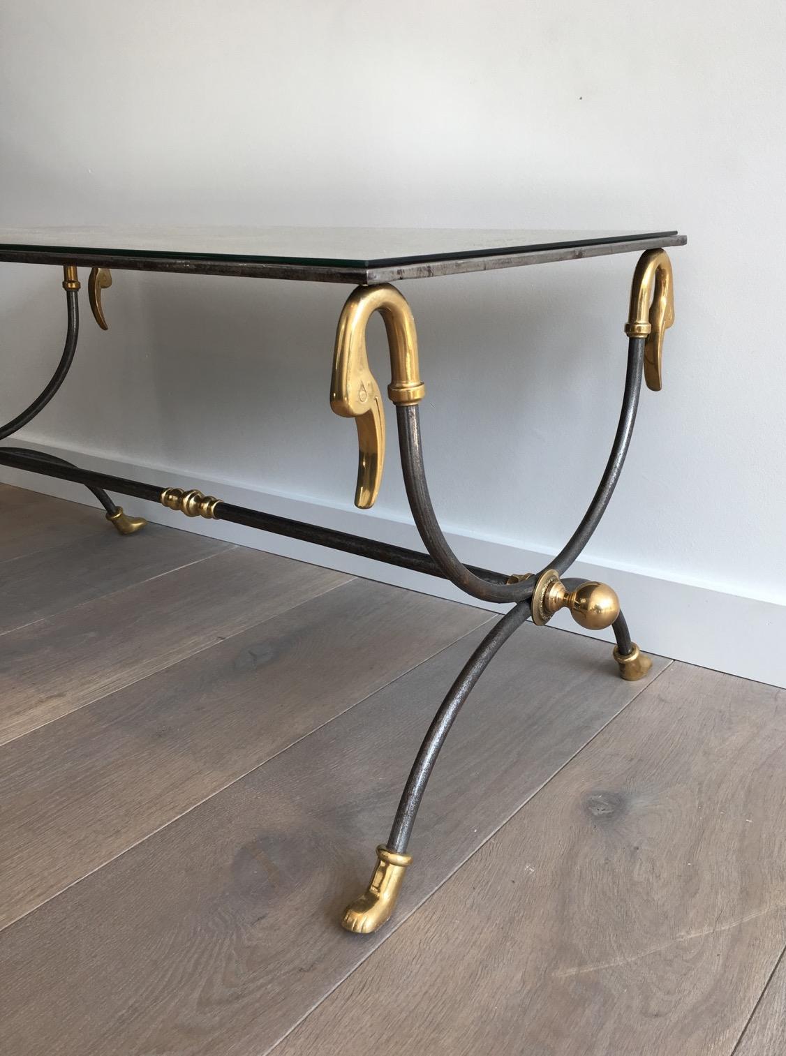 Maison Jansen Brushed Steel and Brass Coffee Table with Swanheads For Sale 6