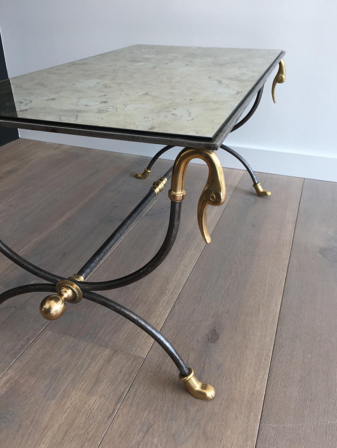 Maison Jansen Brushed Steel and Brass Coffee Table with Swanheads For Sale 7