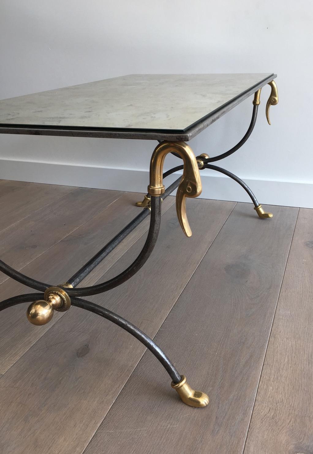 Maison Jansen Brushed Steel and Brass Coffee Table with Swanheads For Sale 11