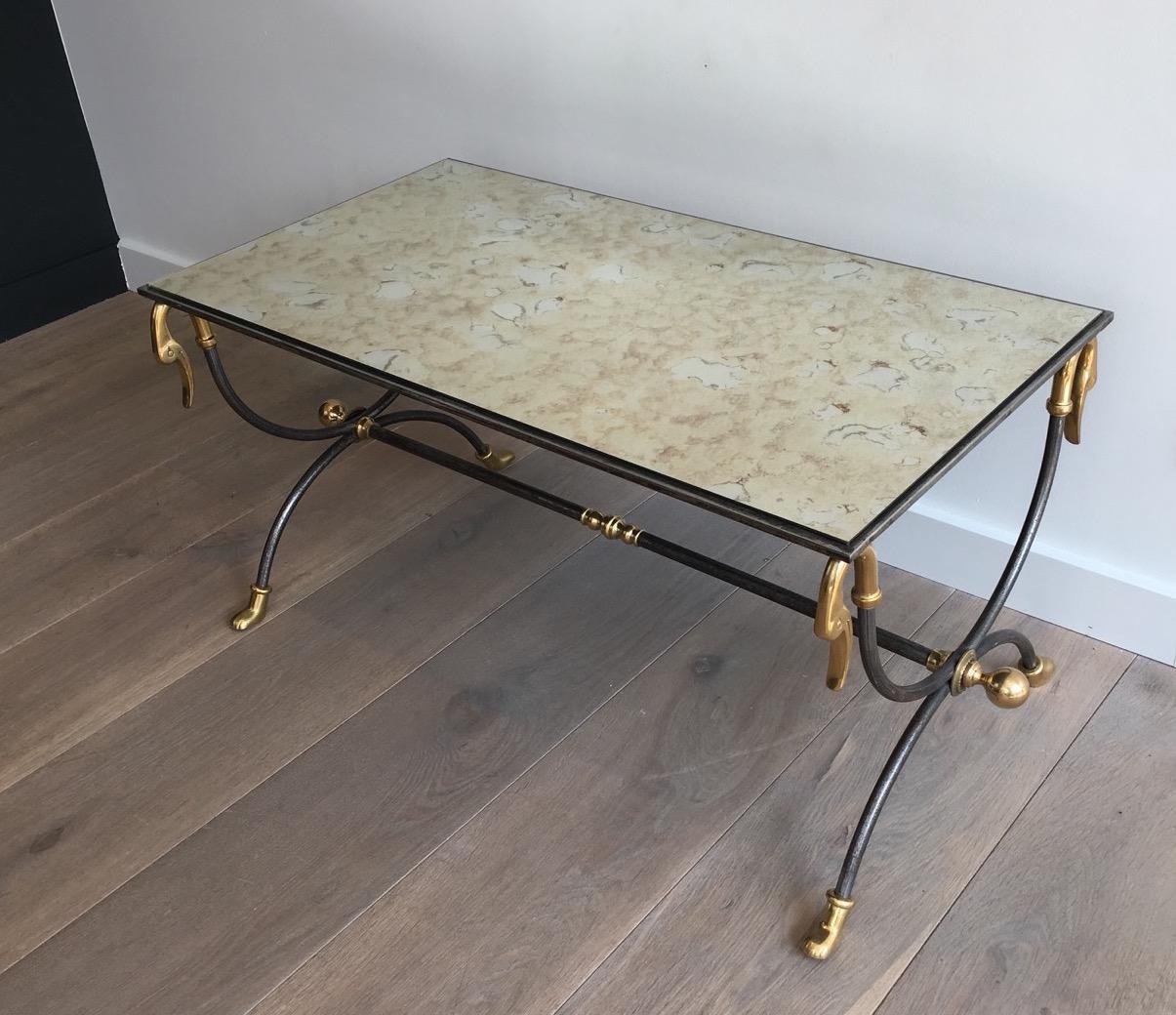 Maison Jansen Brushed Steel and Brass Coffee Table with Swanheads For Sale 14