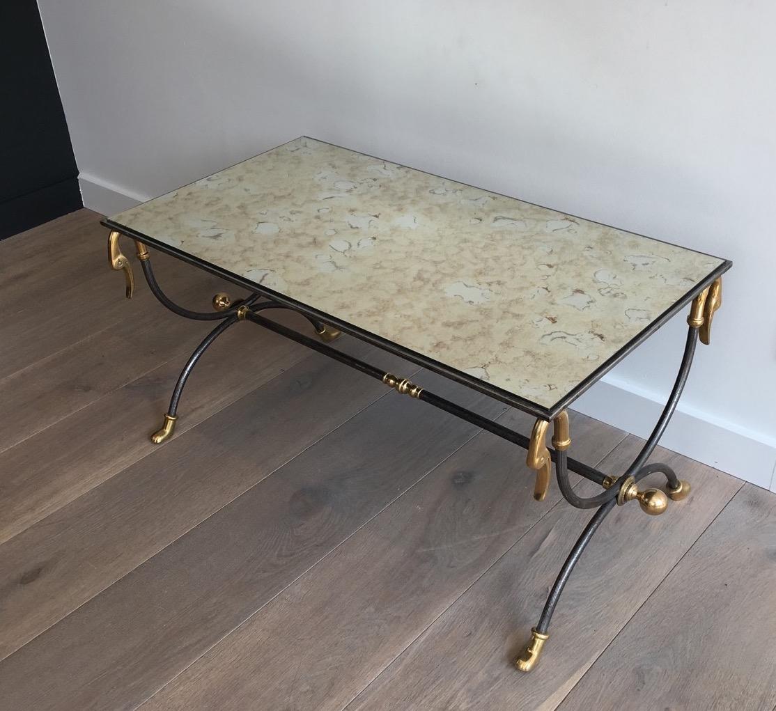 Neoclassical Maison Jansen Brushed Steel and Brass Coffee Table with Swanheads For Sale