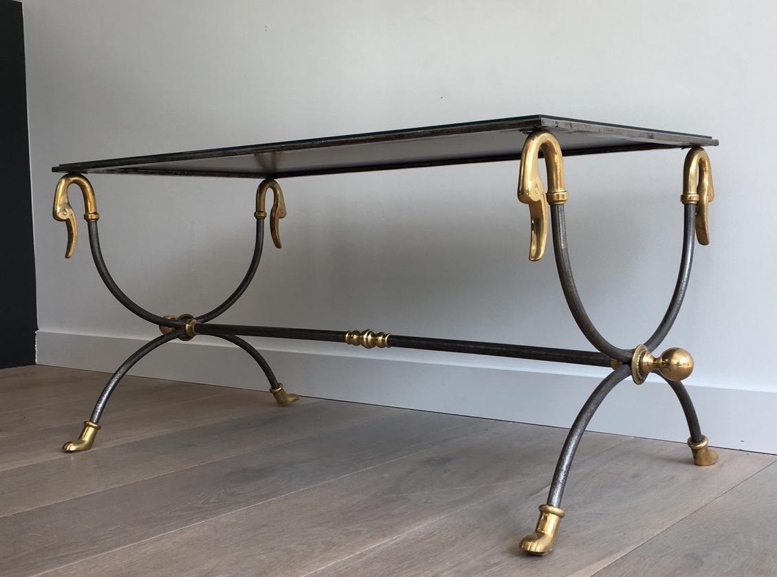 French Maison Jansen Brushed Steel and Brass Coffee Table with Swanheads For Sale