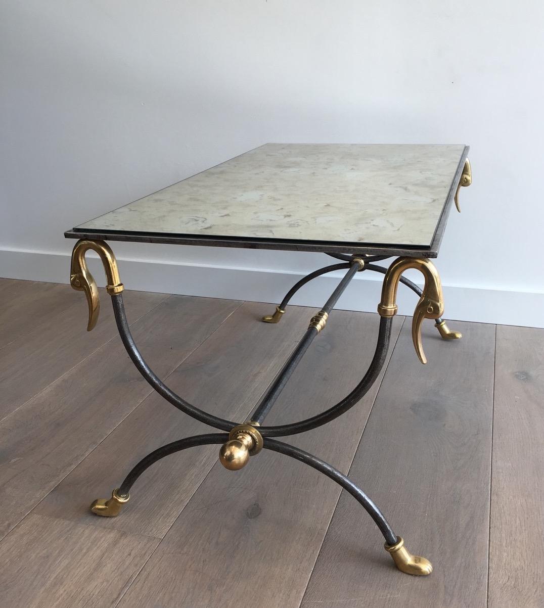 Late 20th Century Maison Jansen Brushed Steel and Brass Coffee Table with Swanheads For Sale