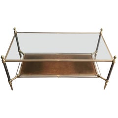 Maison Jansen Brushed Steel, Brass and Brown Leather Neoclassical Coffee Table