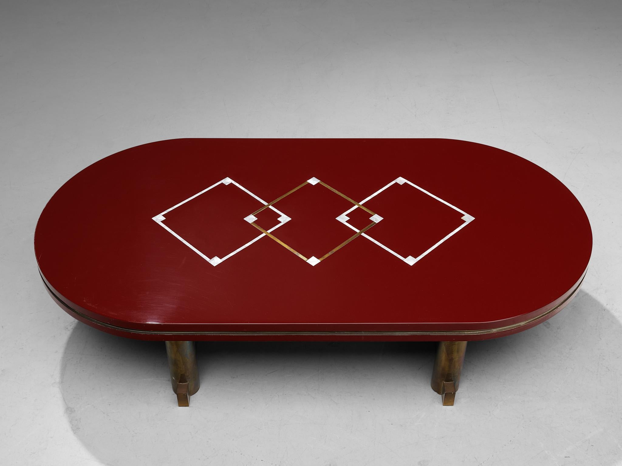 Mid-Century Modern Maison Jansen Burgundy Coffee Table in Brass and Mother of Pearl Inlay 